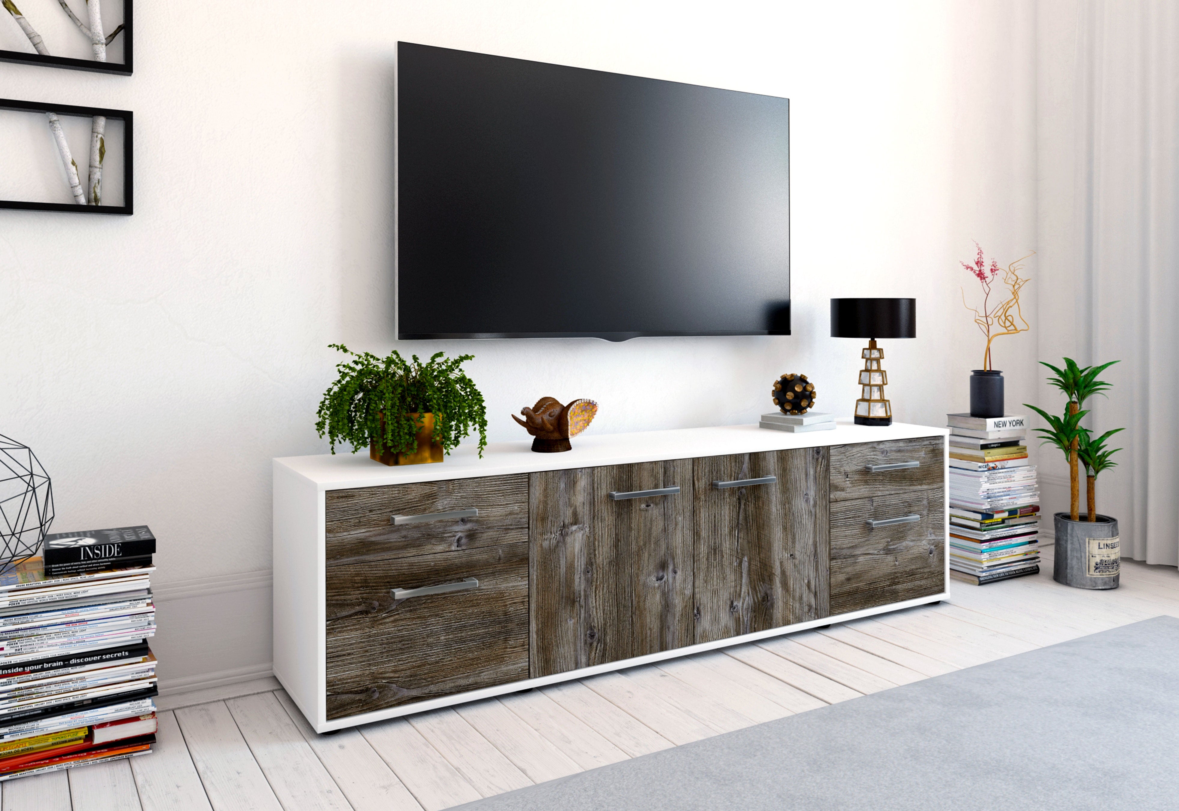 Lowboard - Benedetta - Design Holzdekor - Freistehend mit Griffe 180 cm Weiss