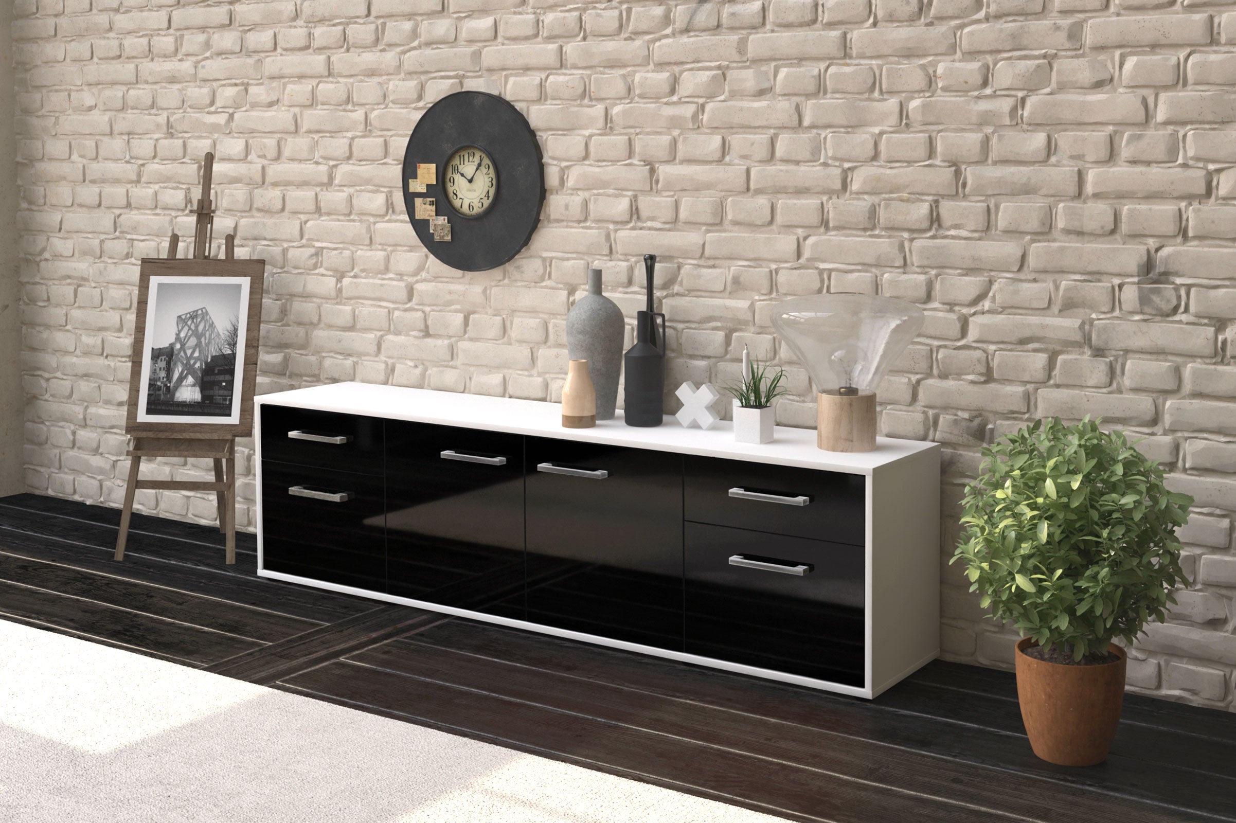 Lowboard - Benedetta - Design Hochglanz - Freistehend mit Griffe 180 cm Weiss