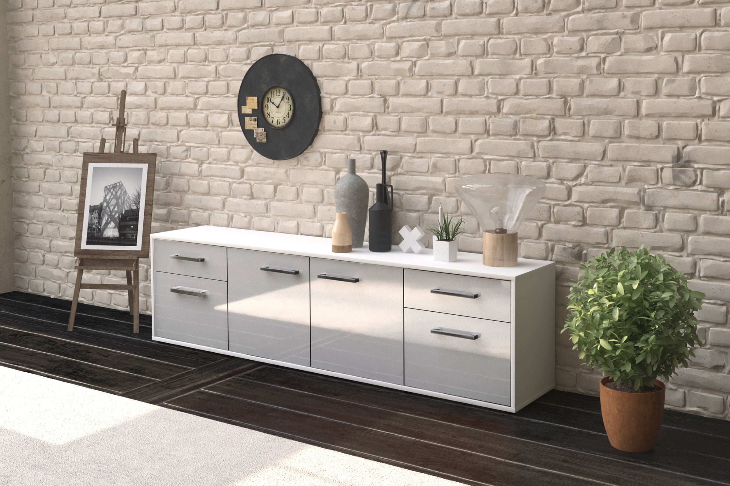 Lowboard - Benedetta - Design Hochglanz - Freistehend mit Griffe 180 cm Weiss
