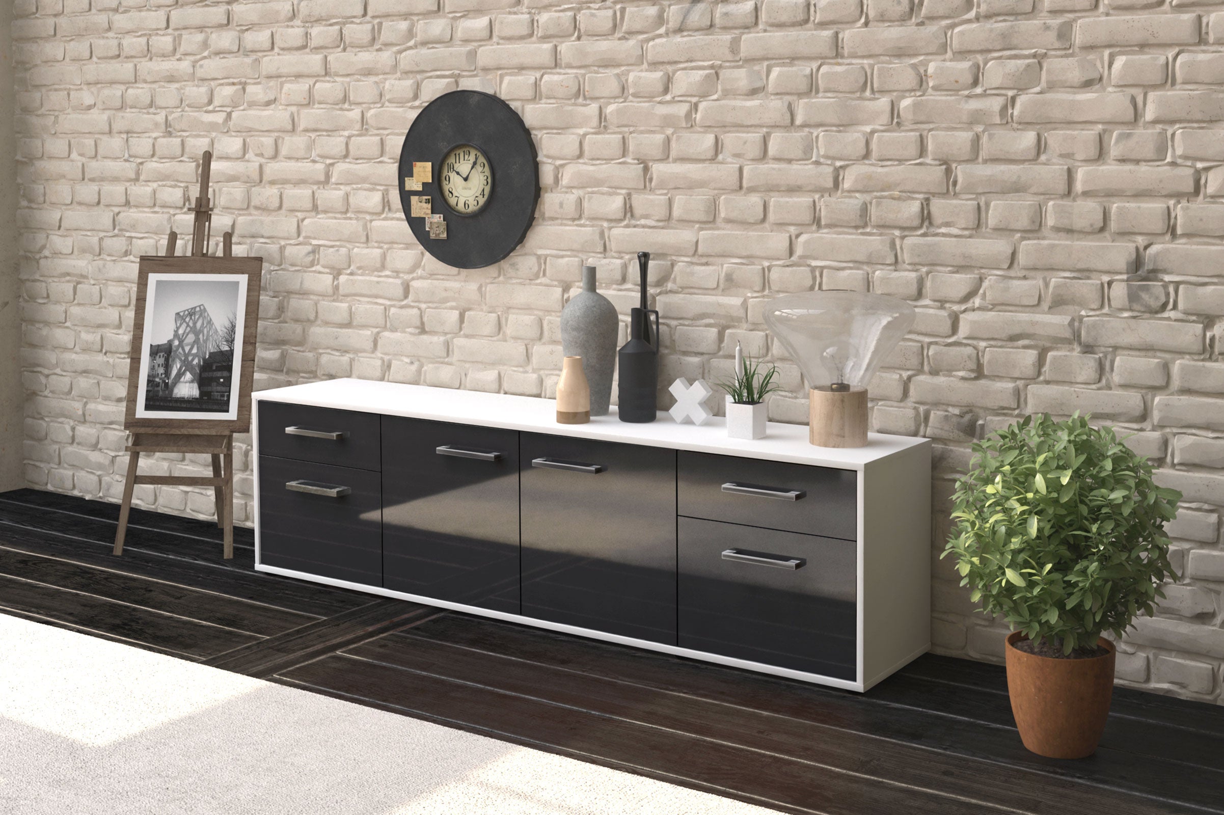 Lowboard - Benedetta - Design Hochglanz - Freistehend mit Griffe 180 cm Weiss