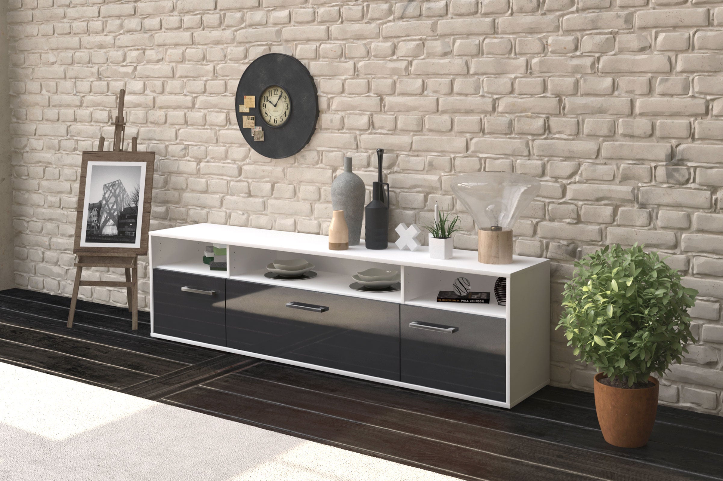 Lowboard - BIANCA - Design Hochglanz - Freistehend mit Griffe 180 cm Weiss