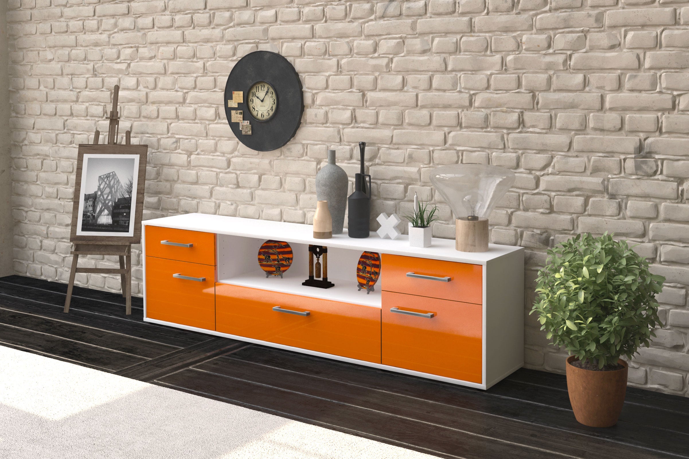 Lowboard - Biggi - Design Hochglanz - Freistehend mit Griffe 180 cm Weiss