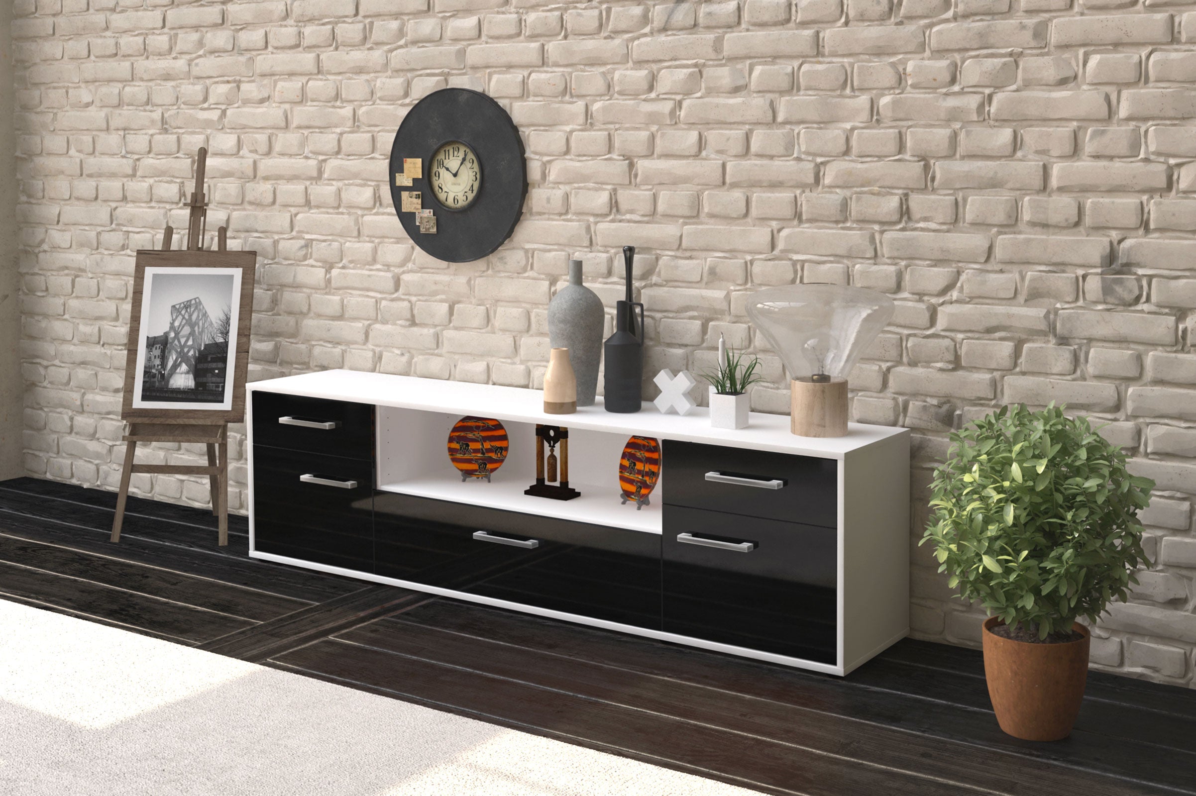 Lowboard - Biggi - Design Hochglanz - Freistehend mit Griffe 180 cm Weiss