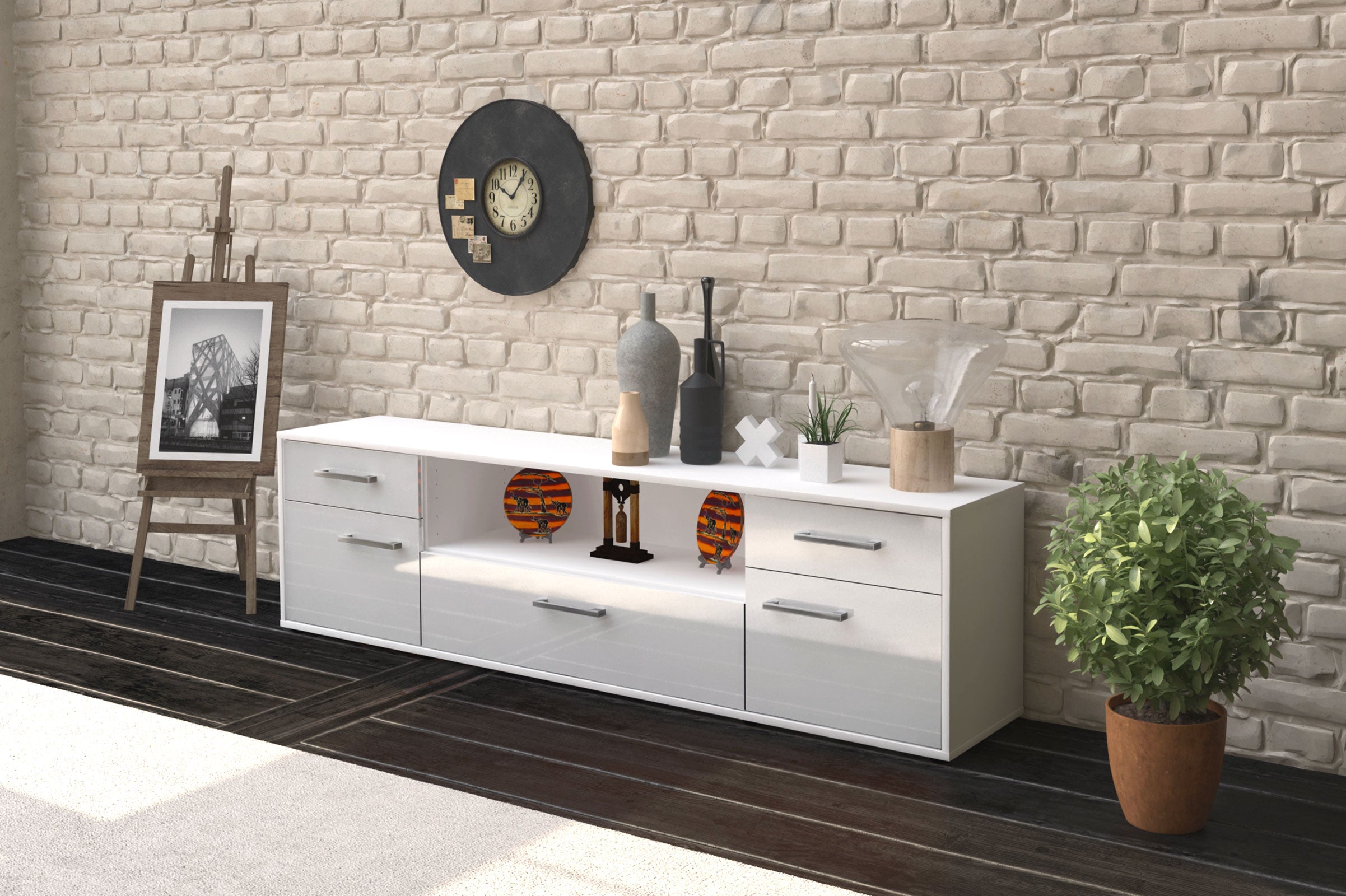 Lowboard - Biggi - Design Hochglanz - Freistehend mit Griffe 180 cm Weiss