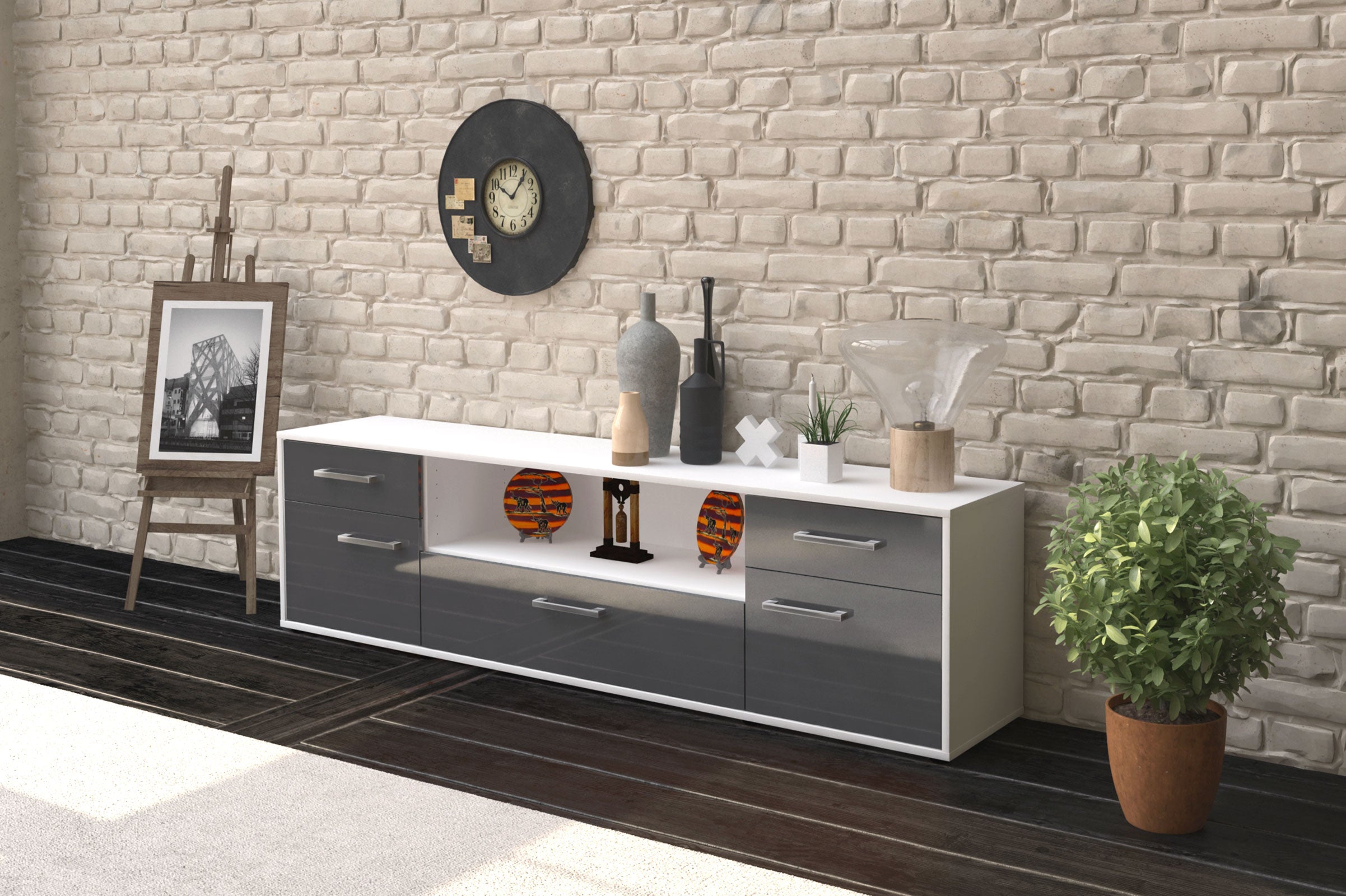 Lowboard - Biggi - Design Hochglanz - Freistehend mit Griffe 180 cm Weiss