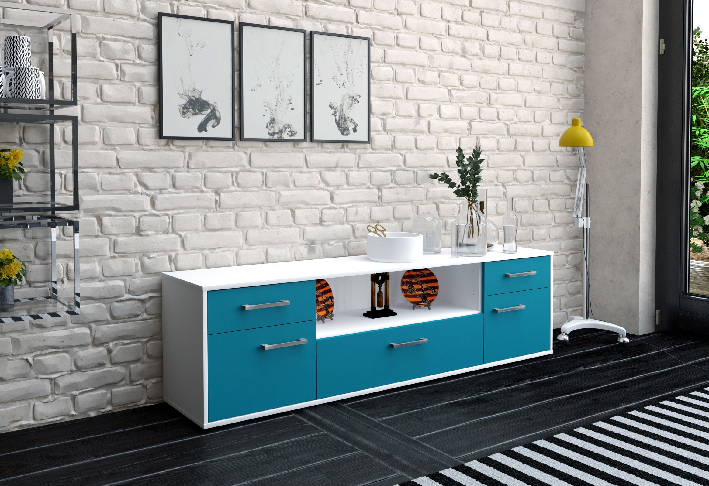 Lowboard - Biggi - Design Farbakzent - Freistehend mit Griffe 180 cm Weiss