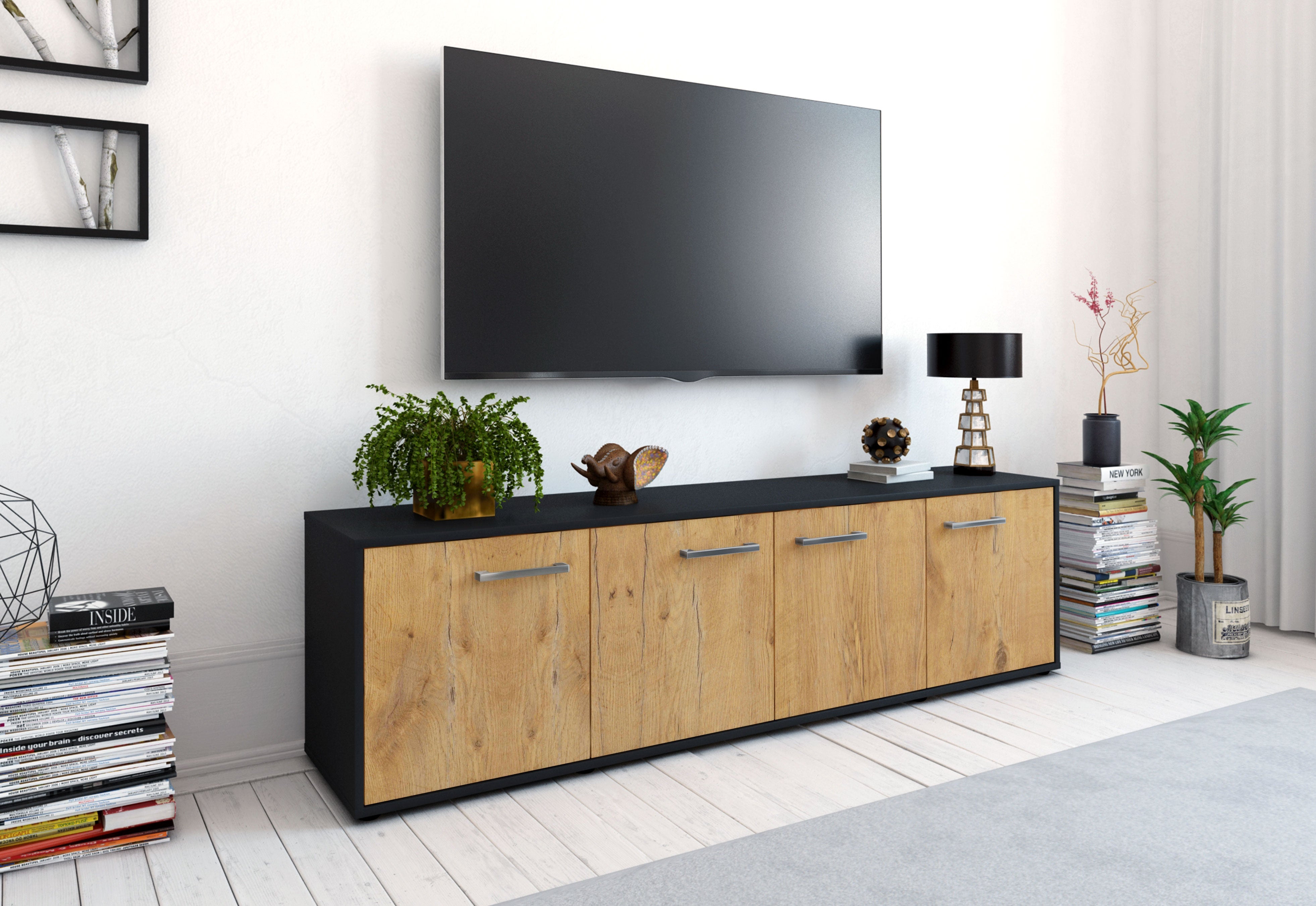 Lowboard - Antonia - Design Holzdekor - Freistehend mit Griffe 180 cm Anthrazit
