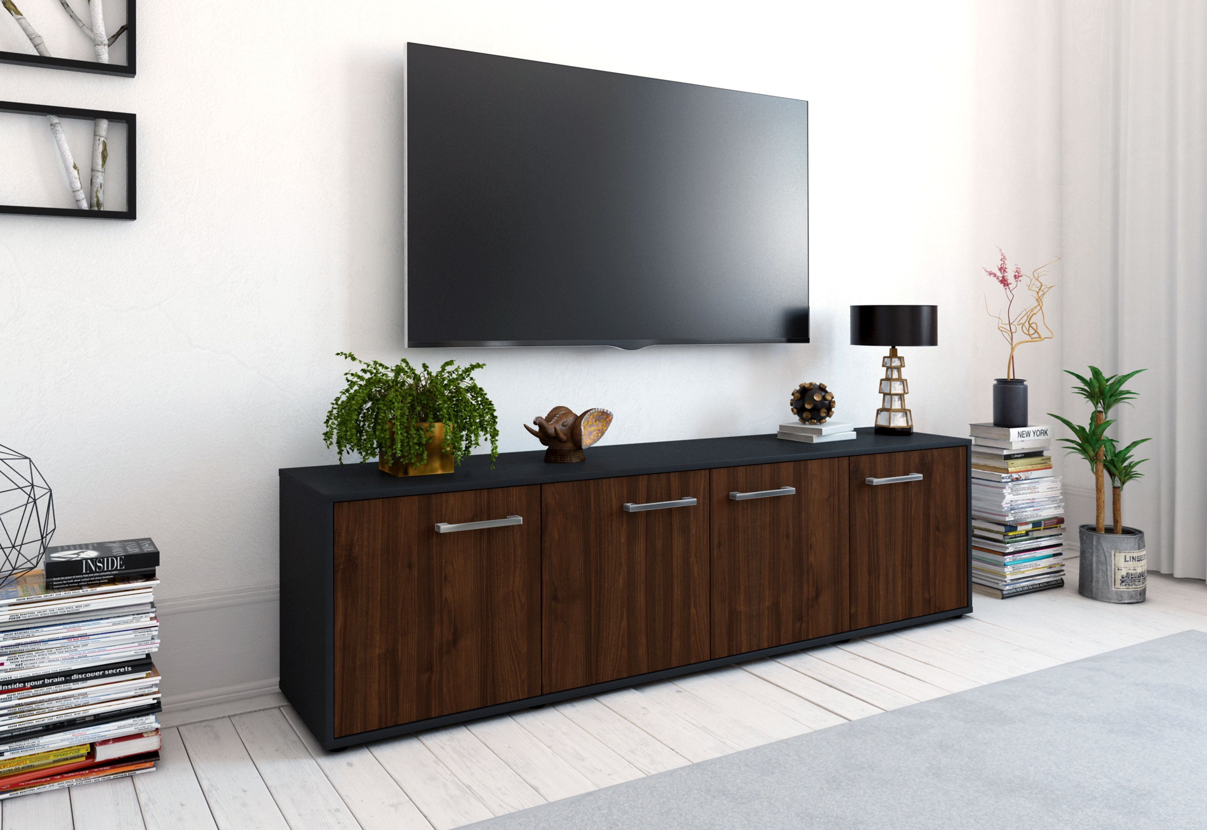 Lowboard - Antonia - Design Holzdekor - Freistehend mit Griffe 180 cm Anthrazit