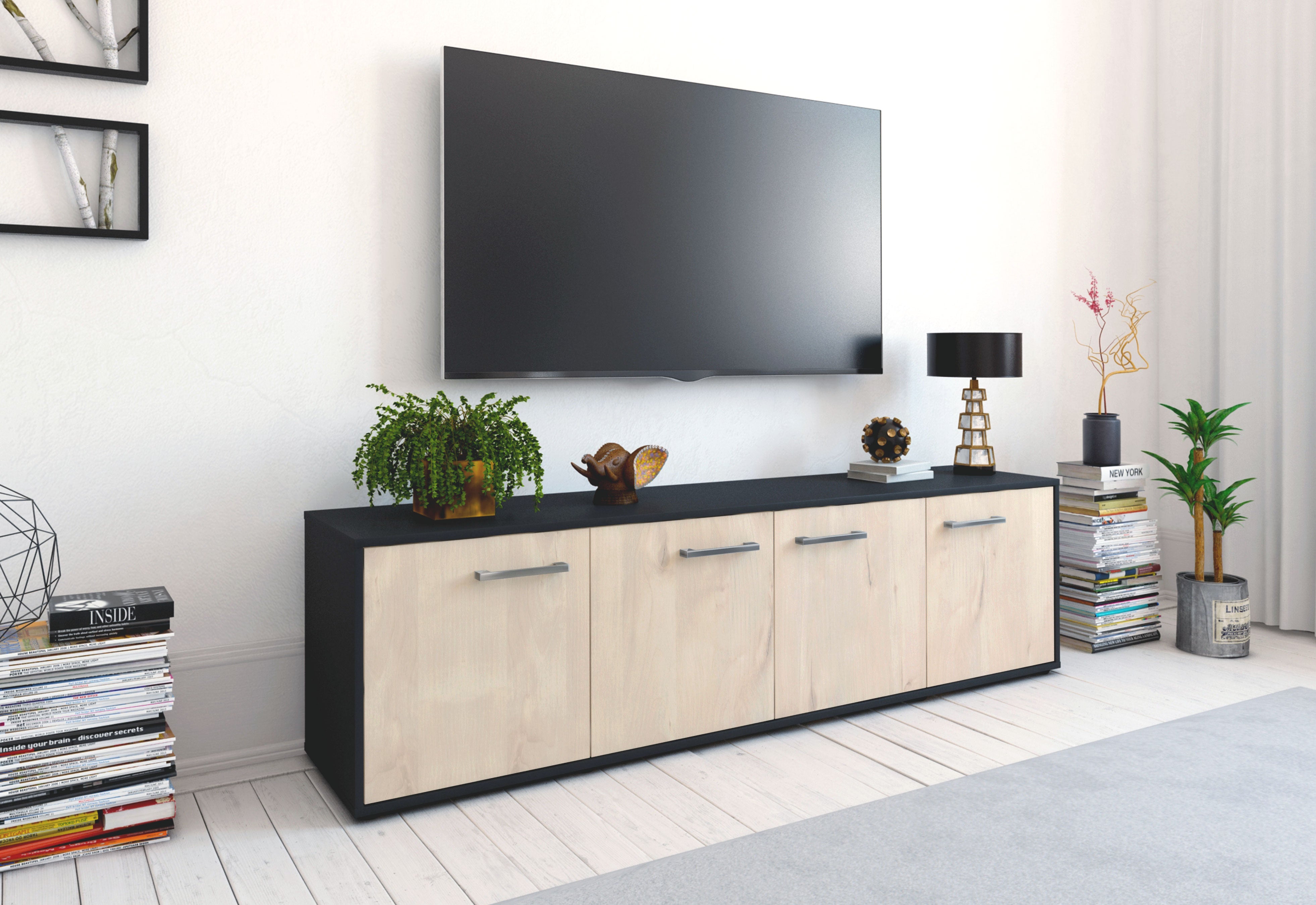 Lowboard - Antonia - Design Holzdekor - Freistehend mit Griffe 180 cm Anthrazit