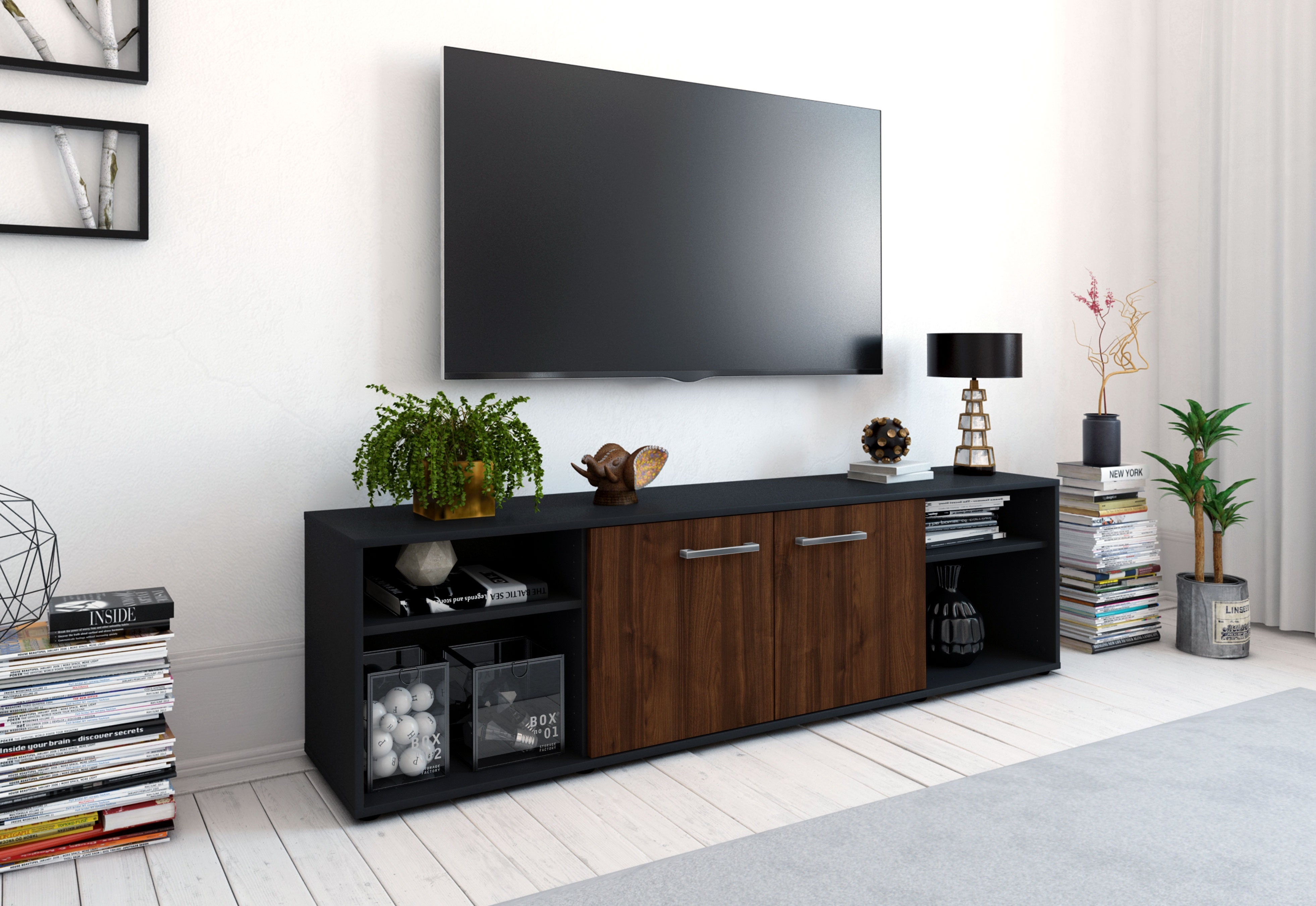 Lowboard - Asimo - Design Holzdekor - Freistehend mit Griffe 180 cm Anthrazit