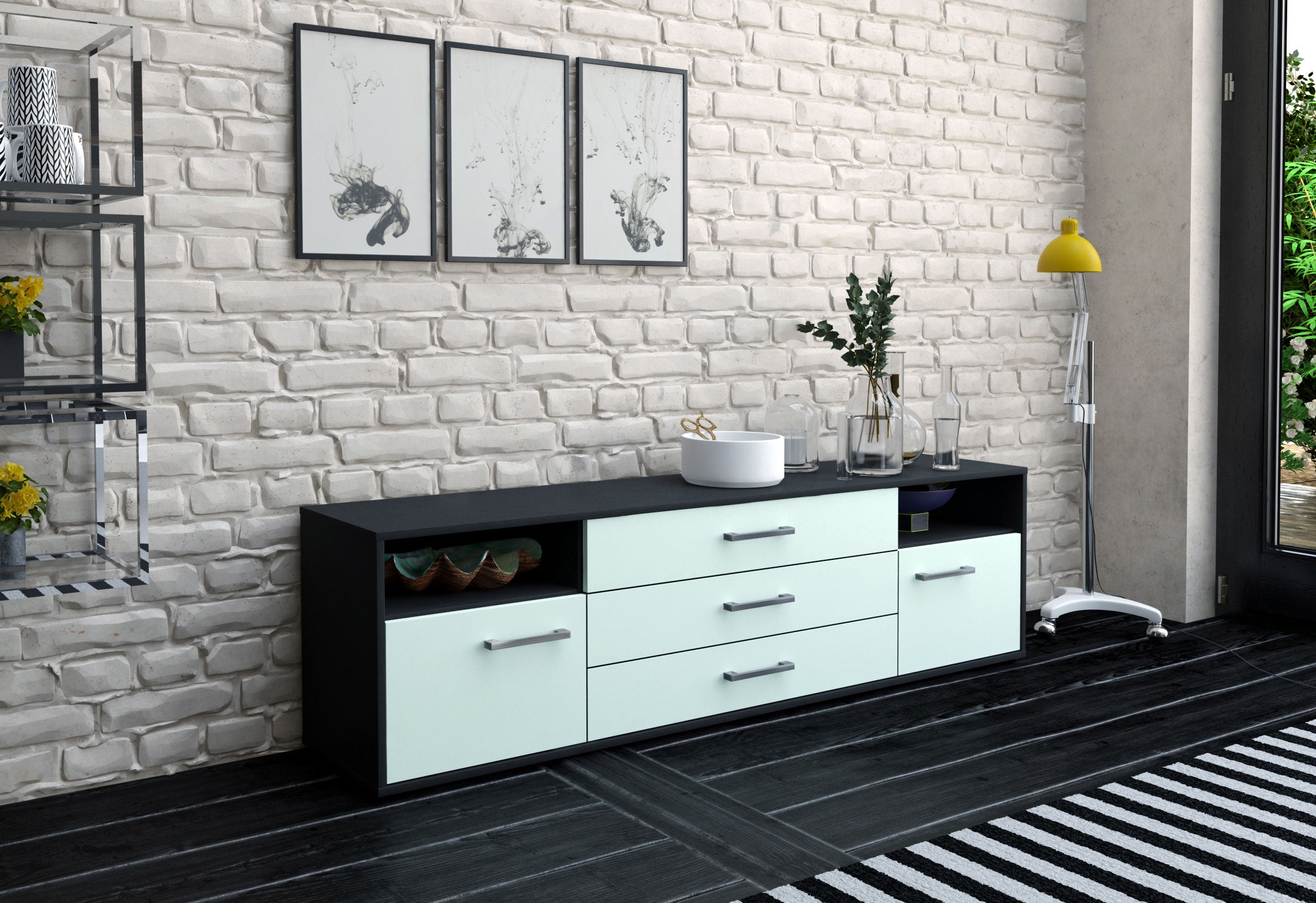 Lowboard - Bettina - Design Farbakzent - Freistehend mit Griffe 180 cm Anthrazit