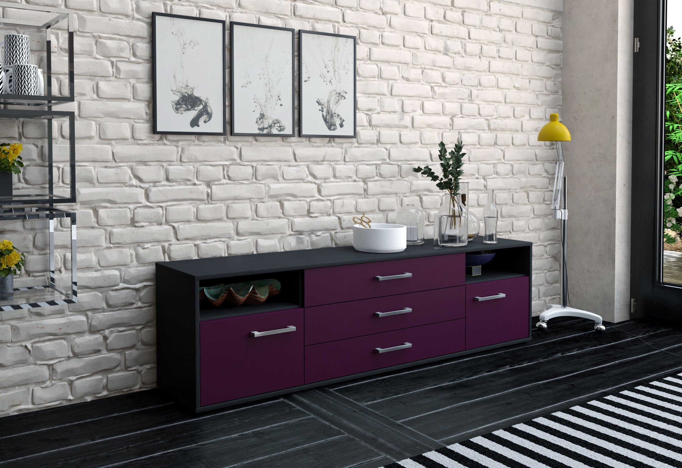 Lowboard - Bettina - Design Farbakzent - Freistehend mit Griffe 180 cm Anthrazit