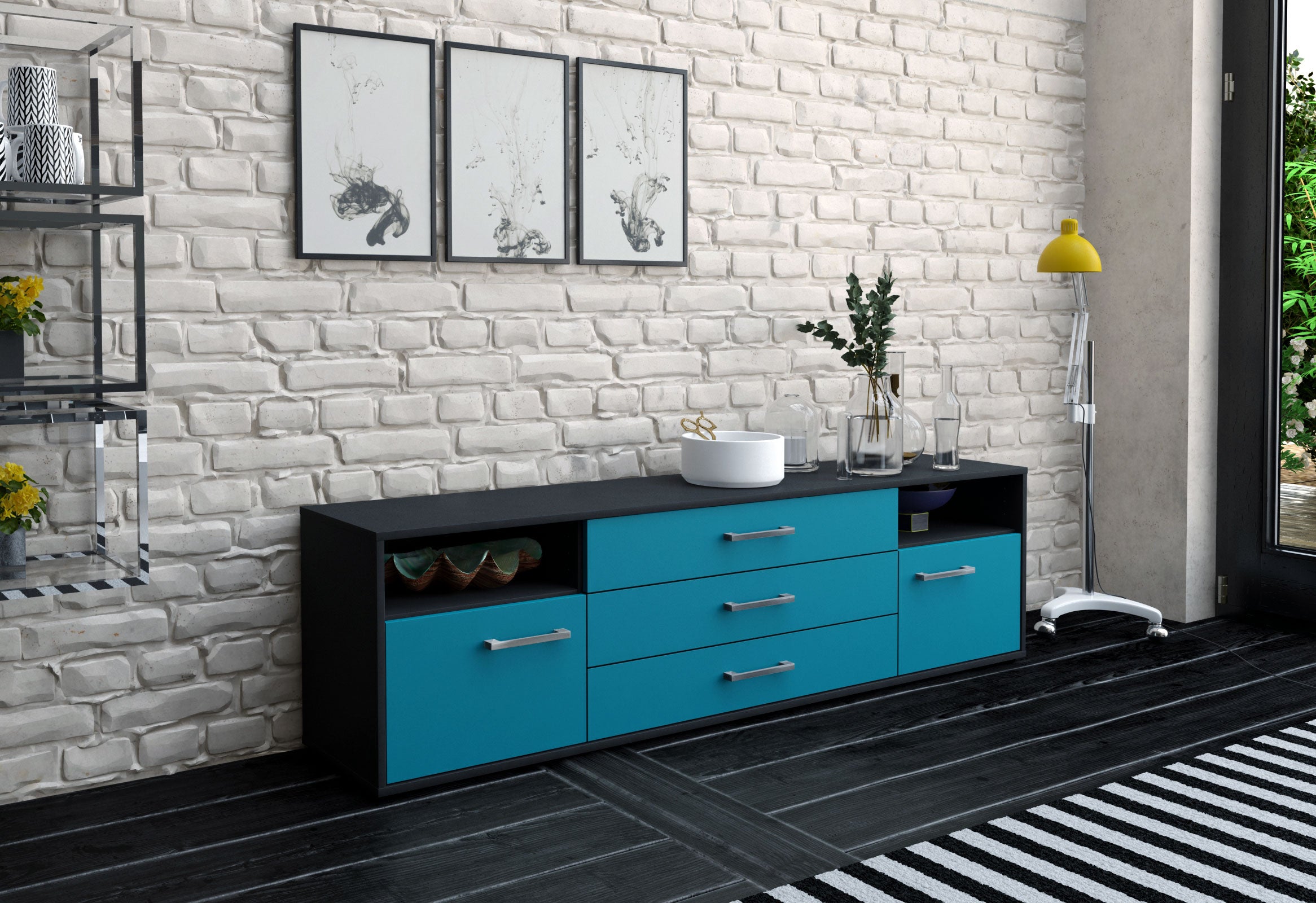 Lowboard - Bettina - Design Farbakzent - Freistehend mit Griffe 180 cm Anthrazit