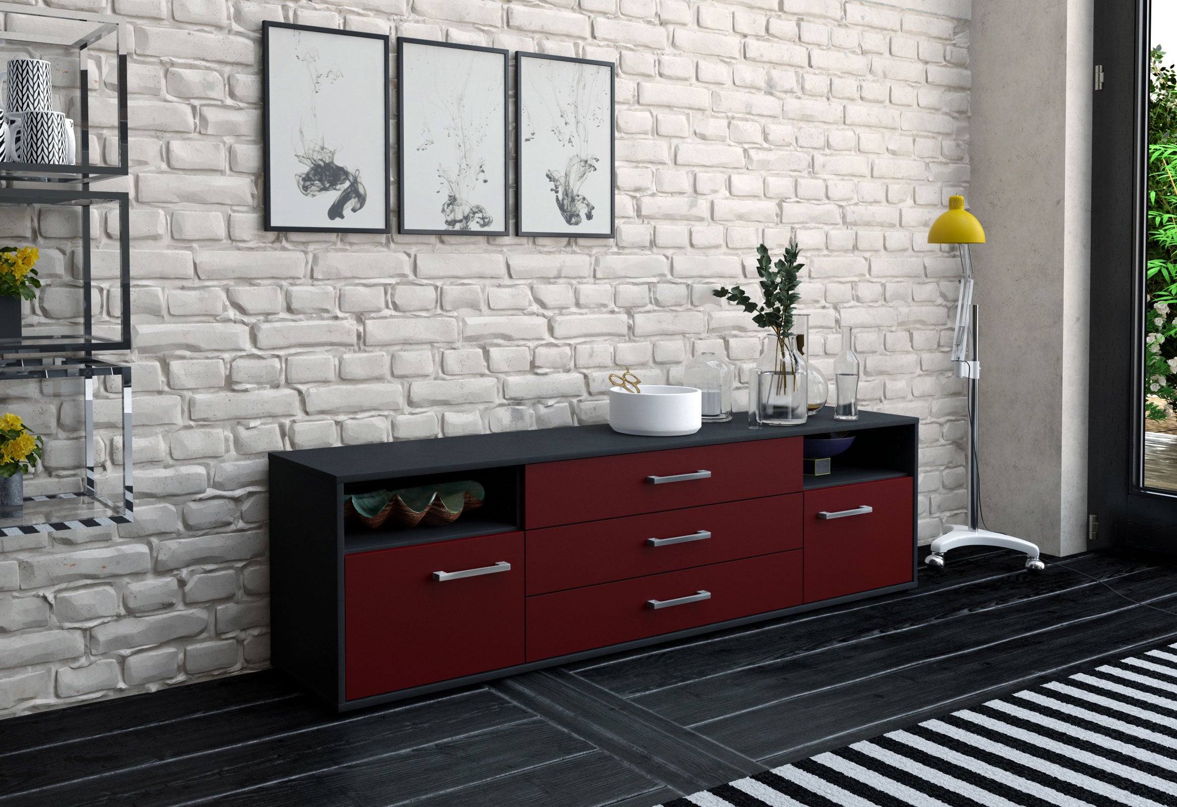 Lowboard - Bettina - Design Farbakzent - Freistehend mit Griffe 180 cm Anthrazit