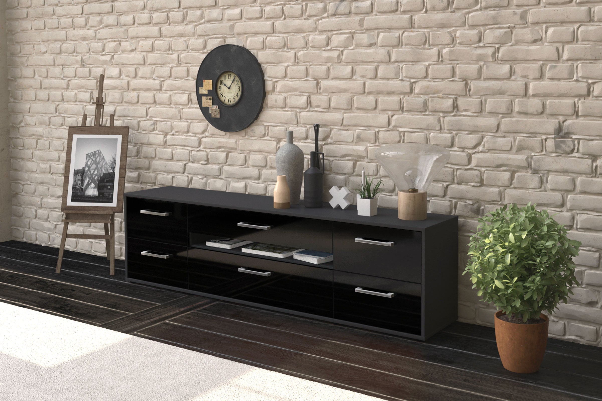 Lowboard - Bjonda - Design Hochglanz - Freistehend mit Griffe 180 cm Anthrazit