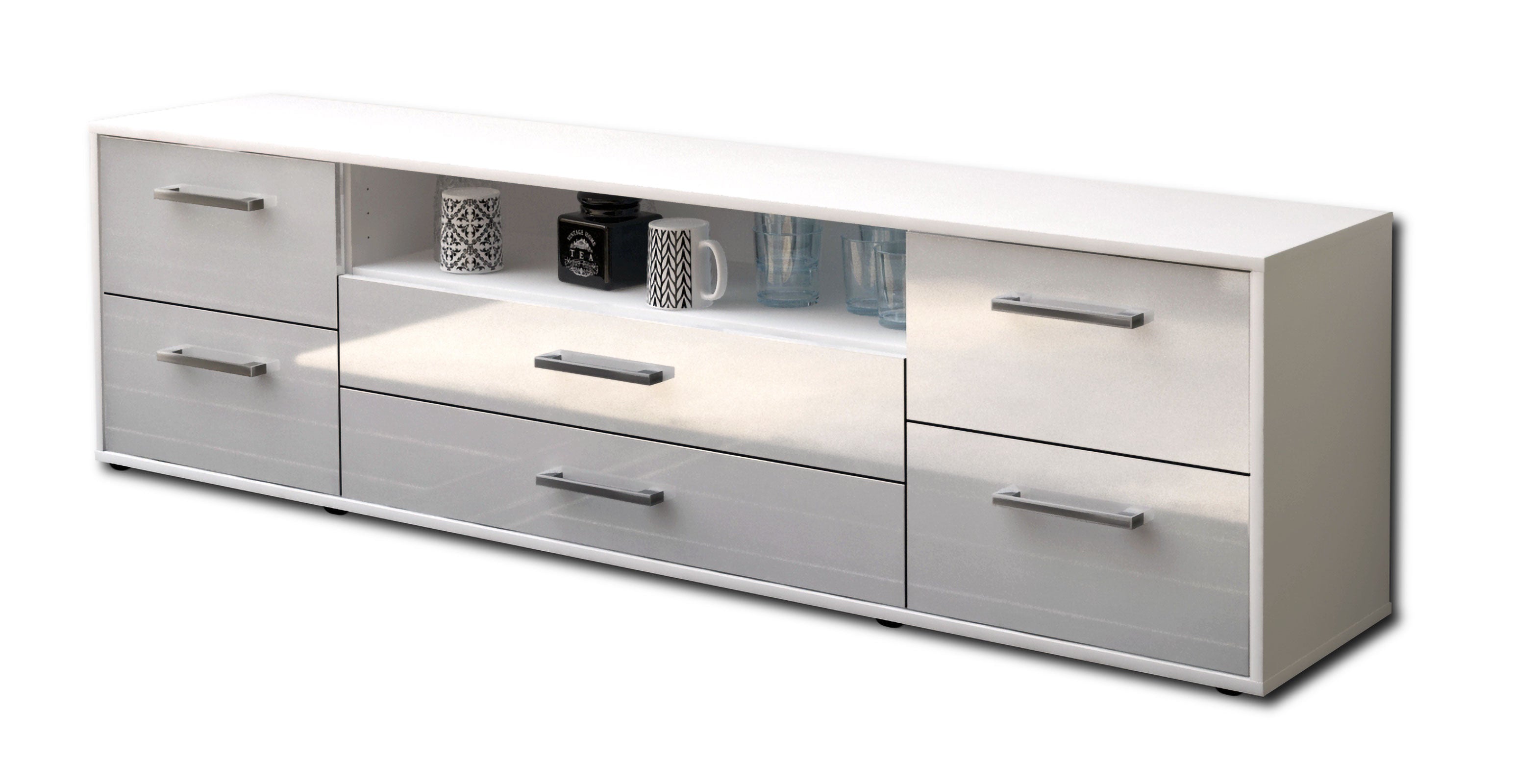 Lowboard - Aurora - Design Hochglanz - Freistehend mit Griffe 180 cm Weiss