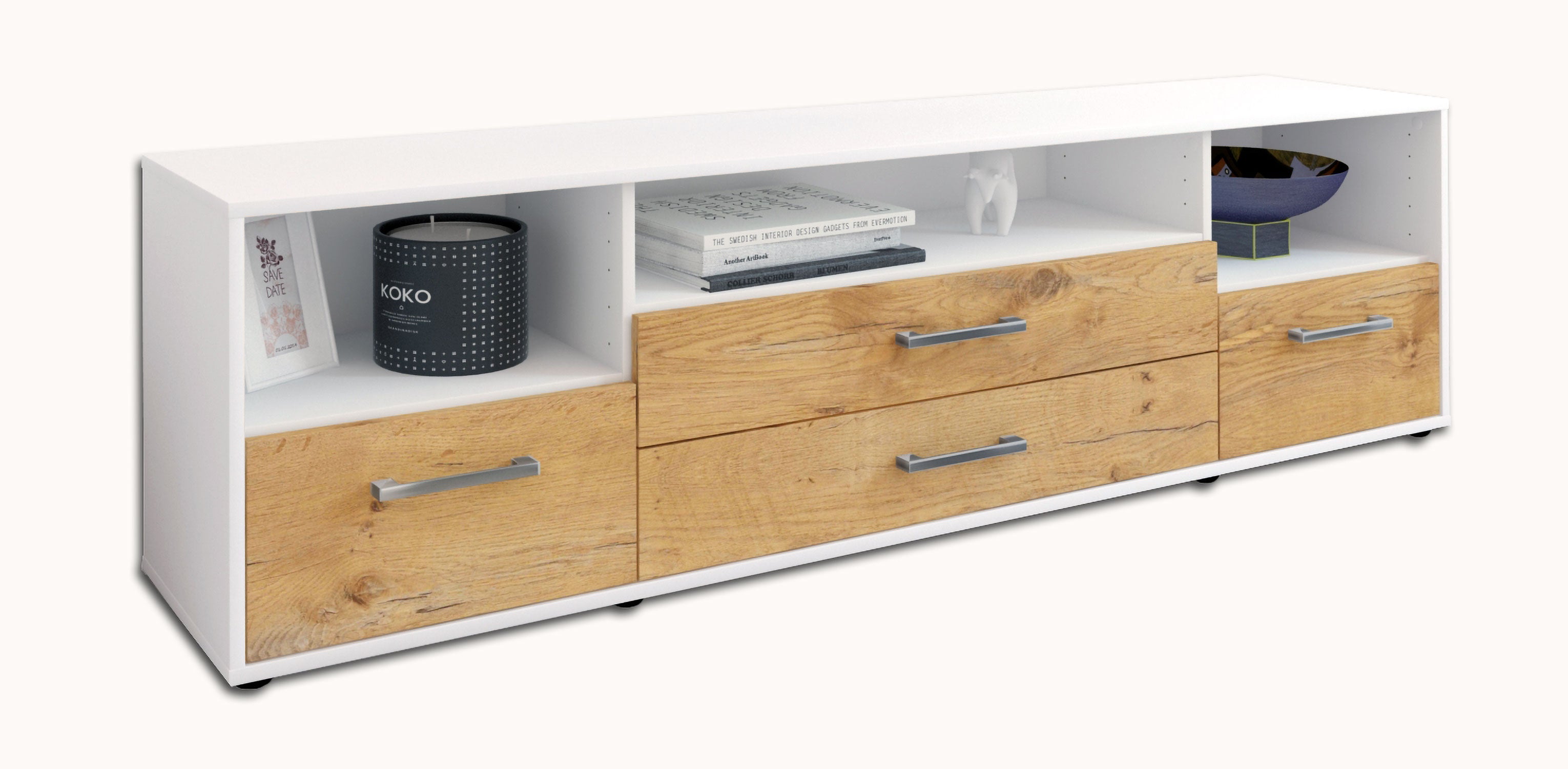 Lowboard - Azula - Design Holzdekor - Freistehend mit Griffe 180 cm Weiss
