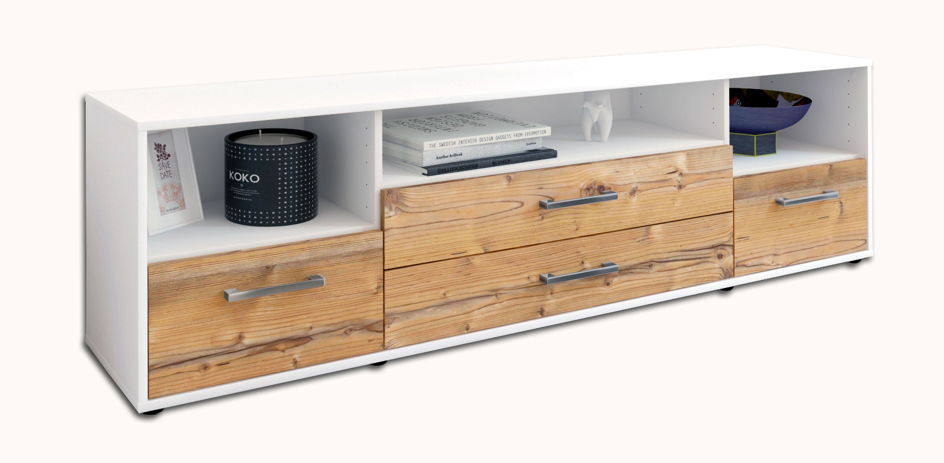 Lowboard - Azula - Design Holzdekor - Freistehend mit Griffe 180 cm Weiss