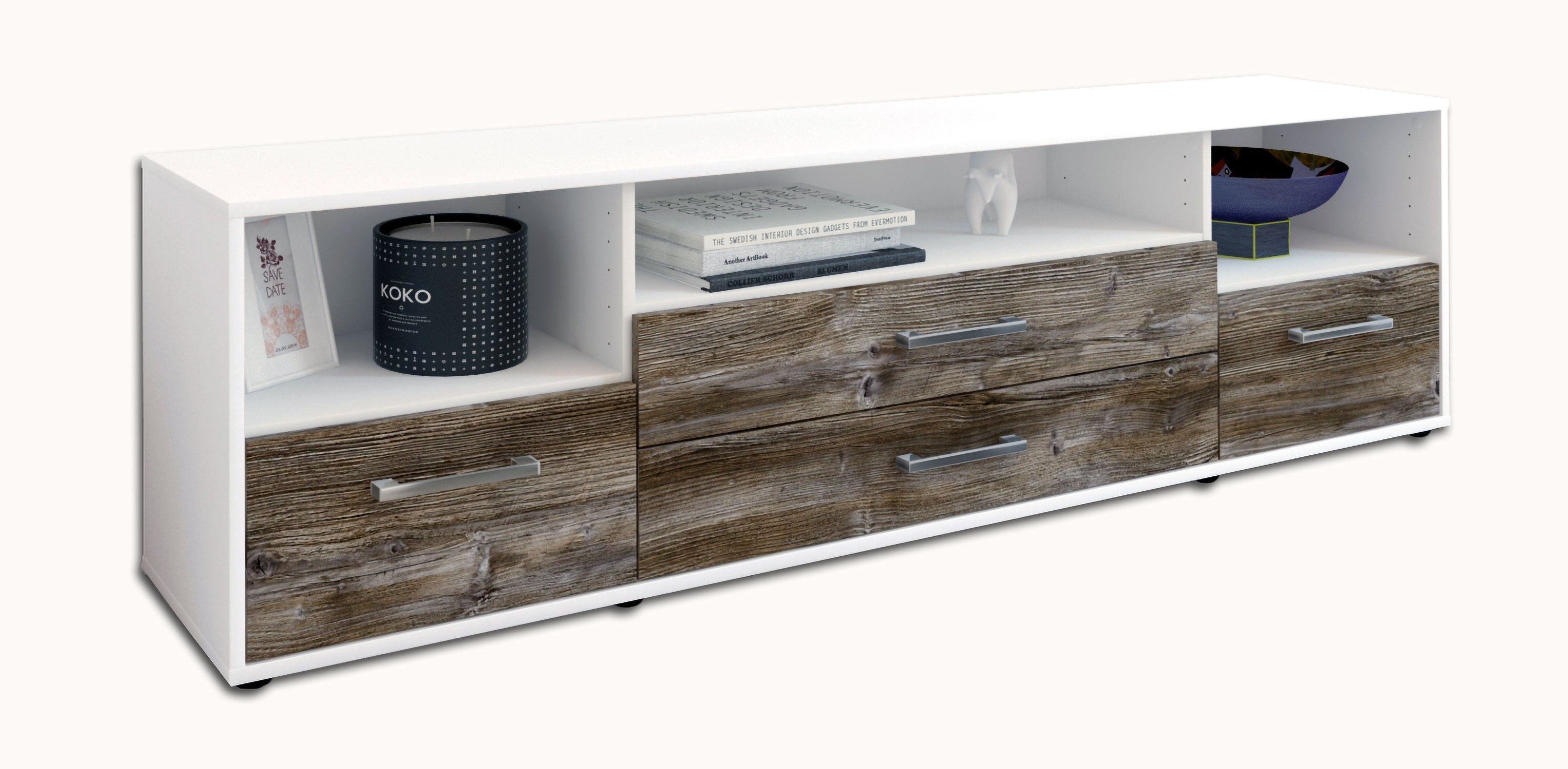 Lowboard - Azula - Design Holzdekor - Freistehend mit Griffe 180 cm Weiss