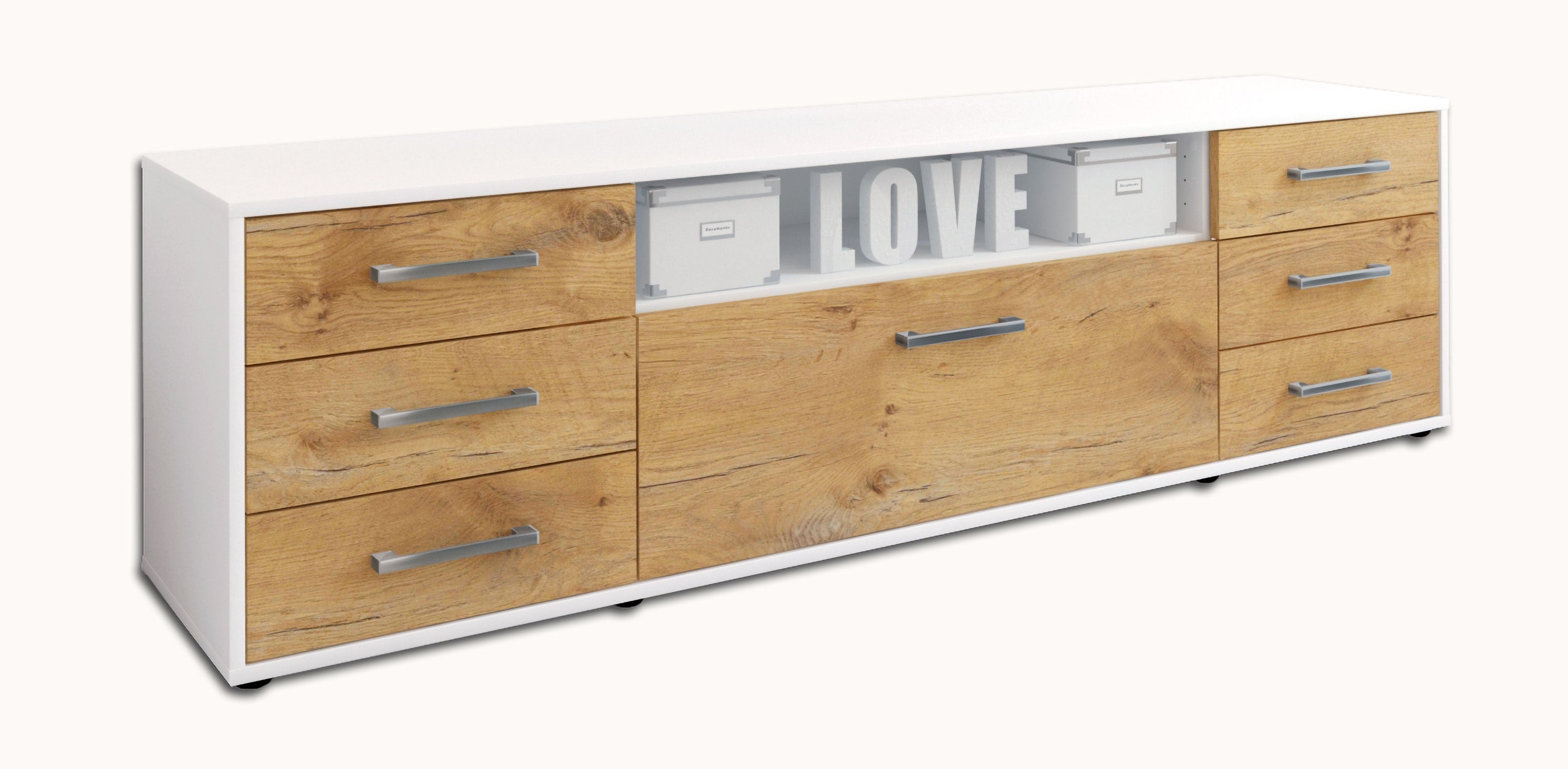 Lowboard - Beatrice - Design Holzdekor - Freistehend mit Griffe 180 cm Weiss