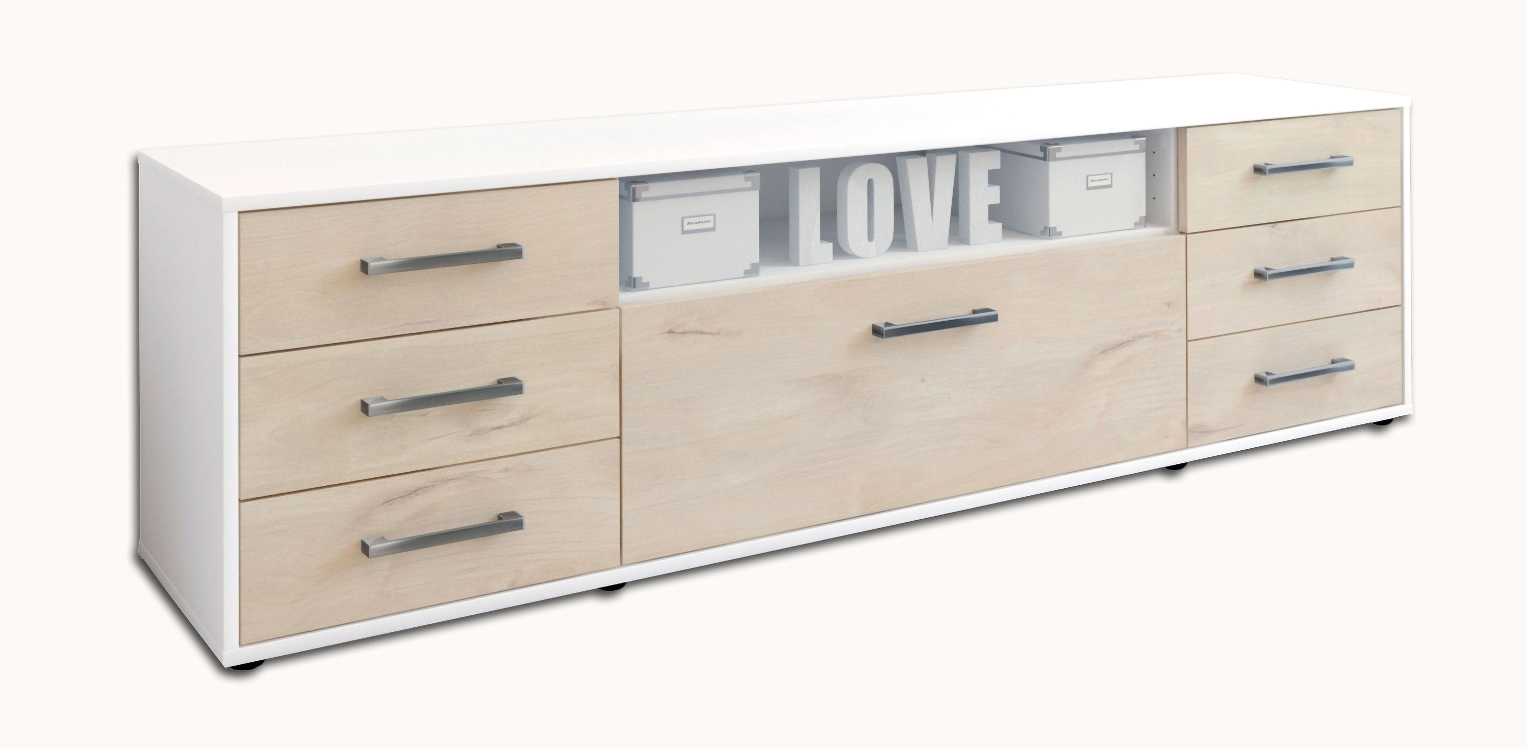 Lowboard - Beatrice - Design Holzdekor - Freistehend mit Griffe 180 cm Weiss