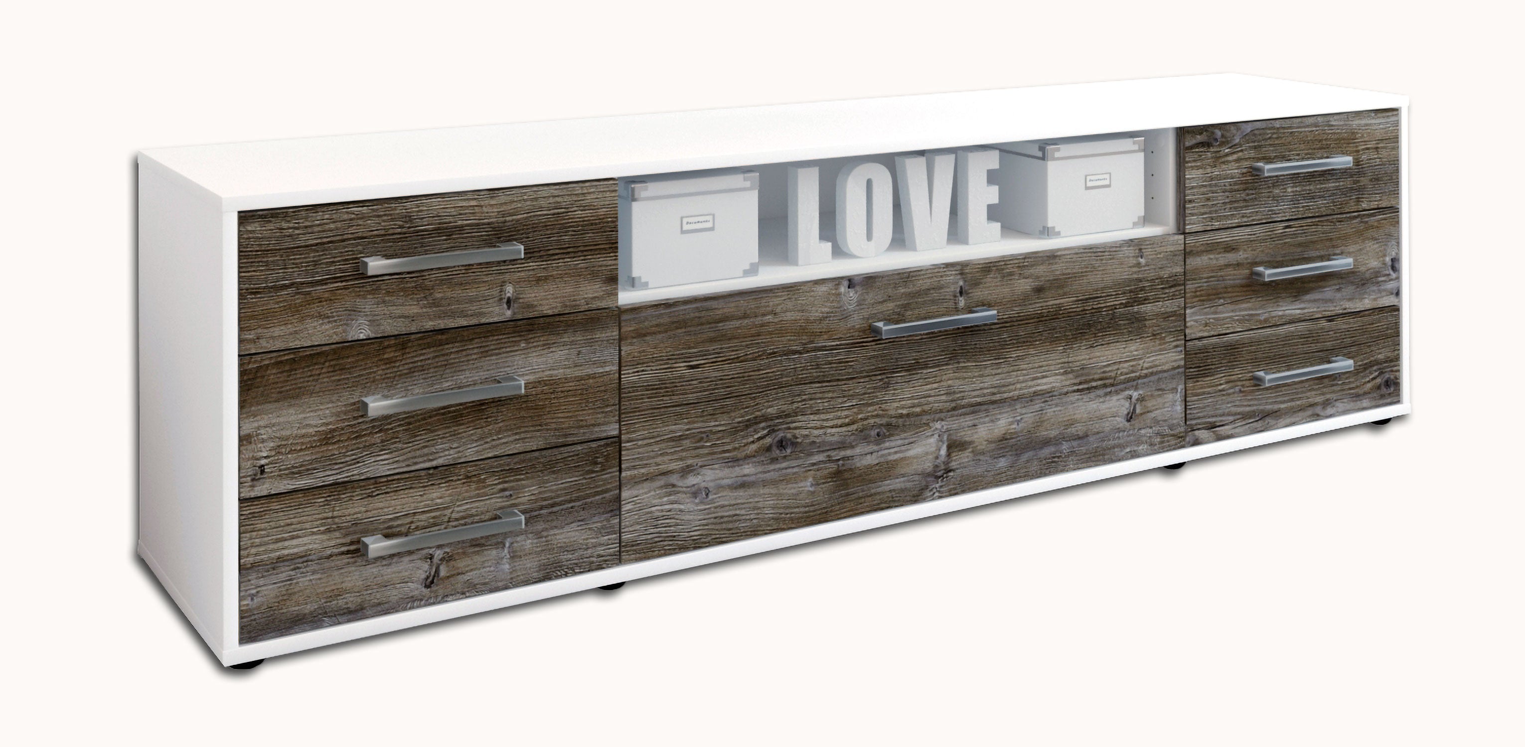 Lowboard - Beatrice - Design Holzdekor - Freistehend mit Griffe 180 cm Weiss