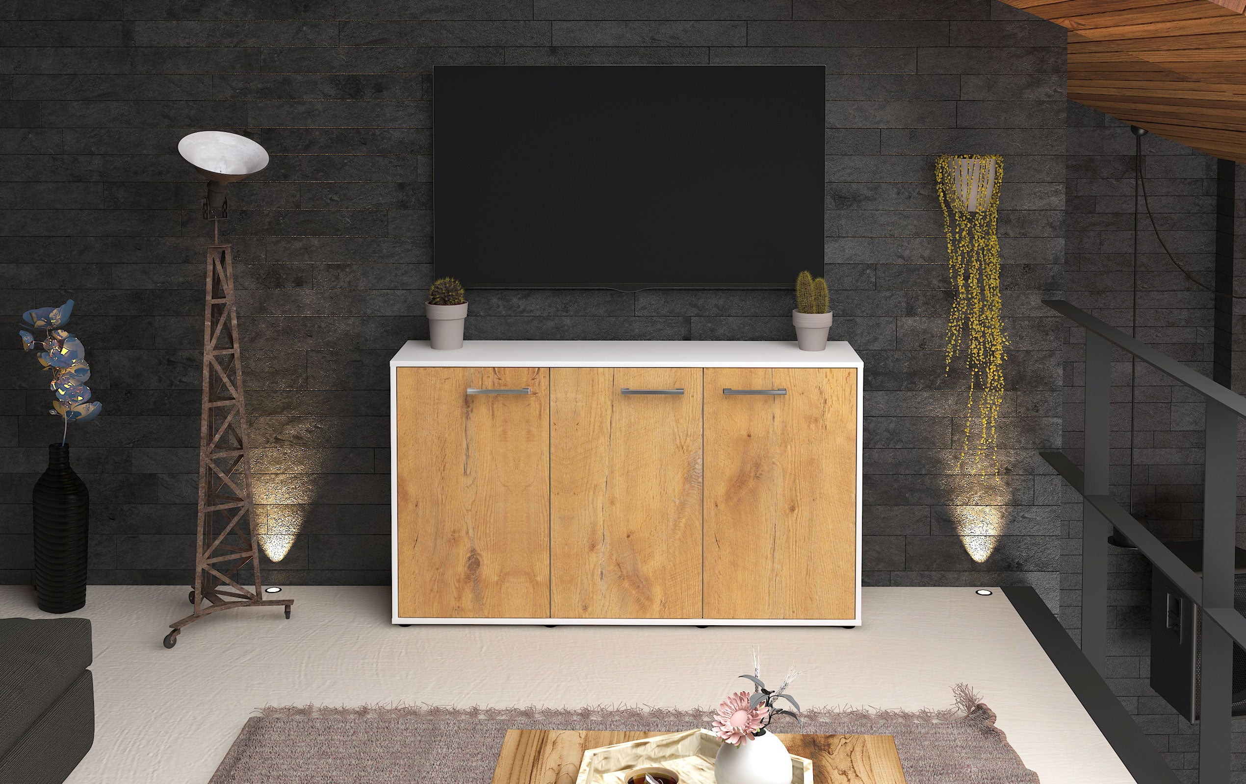 Sideboard - Delia - Design Holzdekor - Freistehend mit Griffe 136 cm Weiss