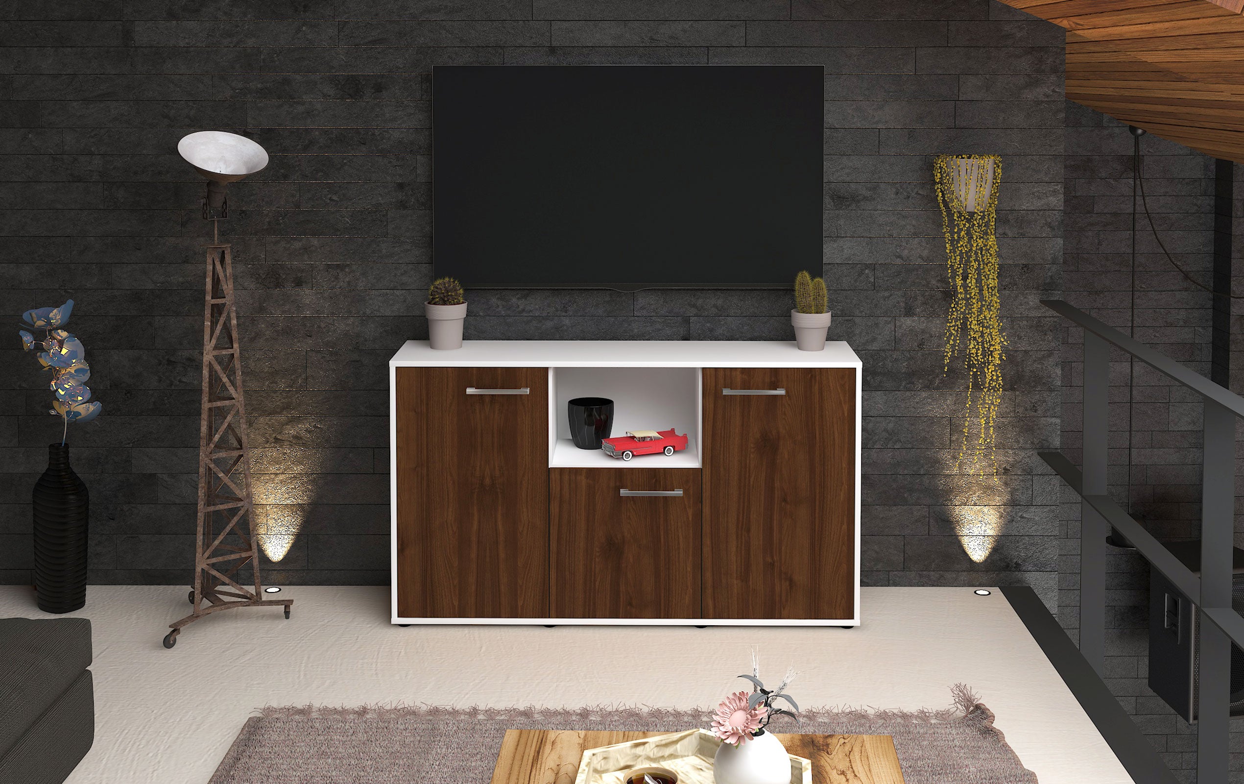 Sideboard - Demetria - Design Holzdekor - Freistehend mit Griffe 136 cm Weiss