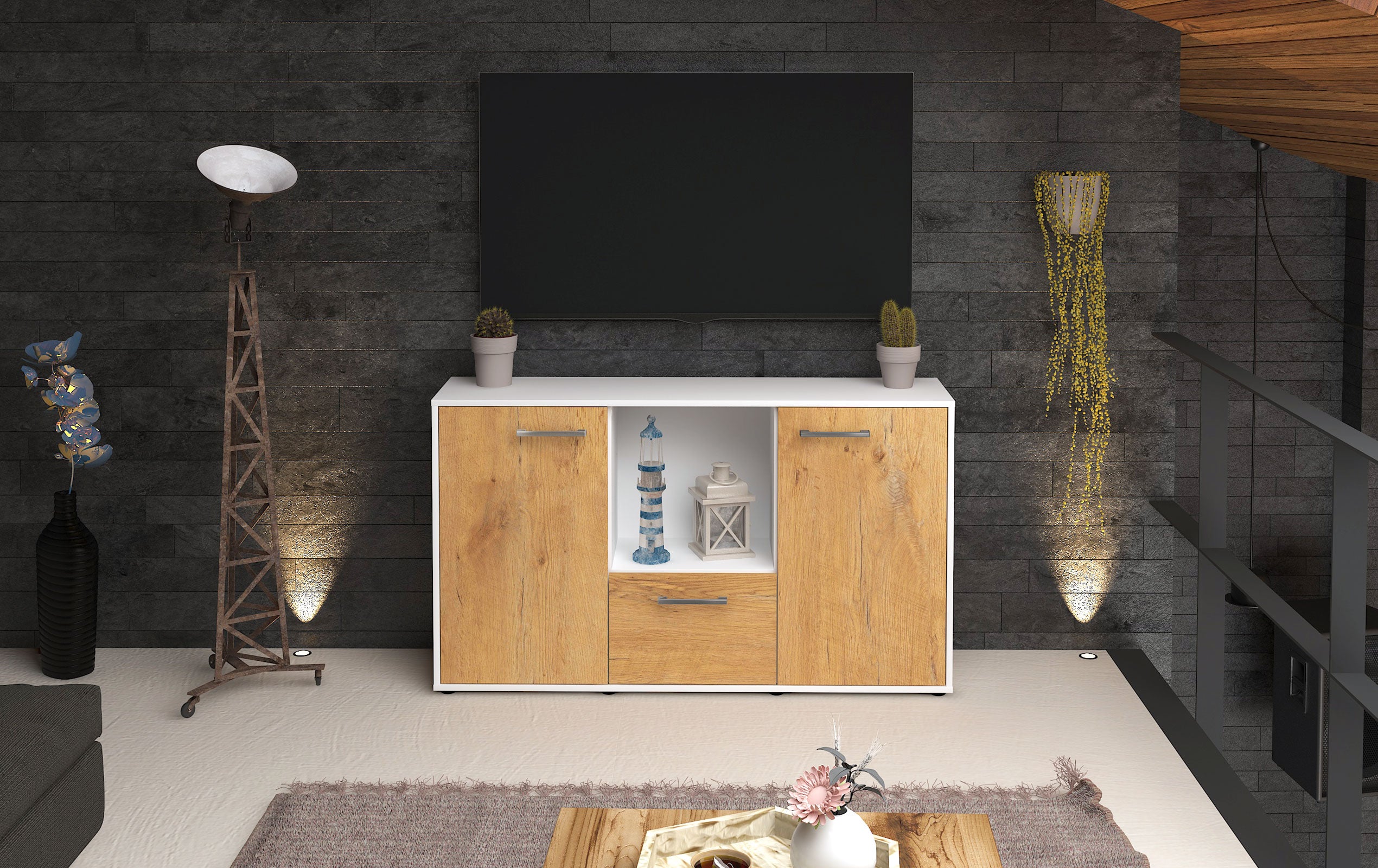 Sideboard - Dhonna - Design Holzdekor - Freistehend mit Griffe 136 cm Weiss