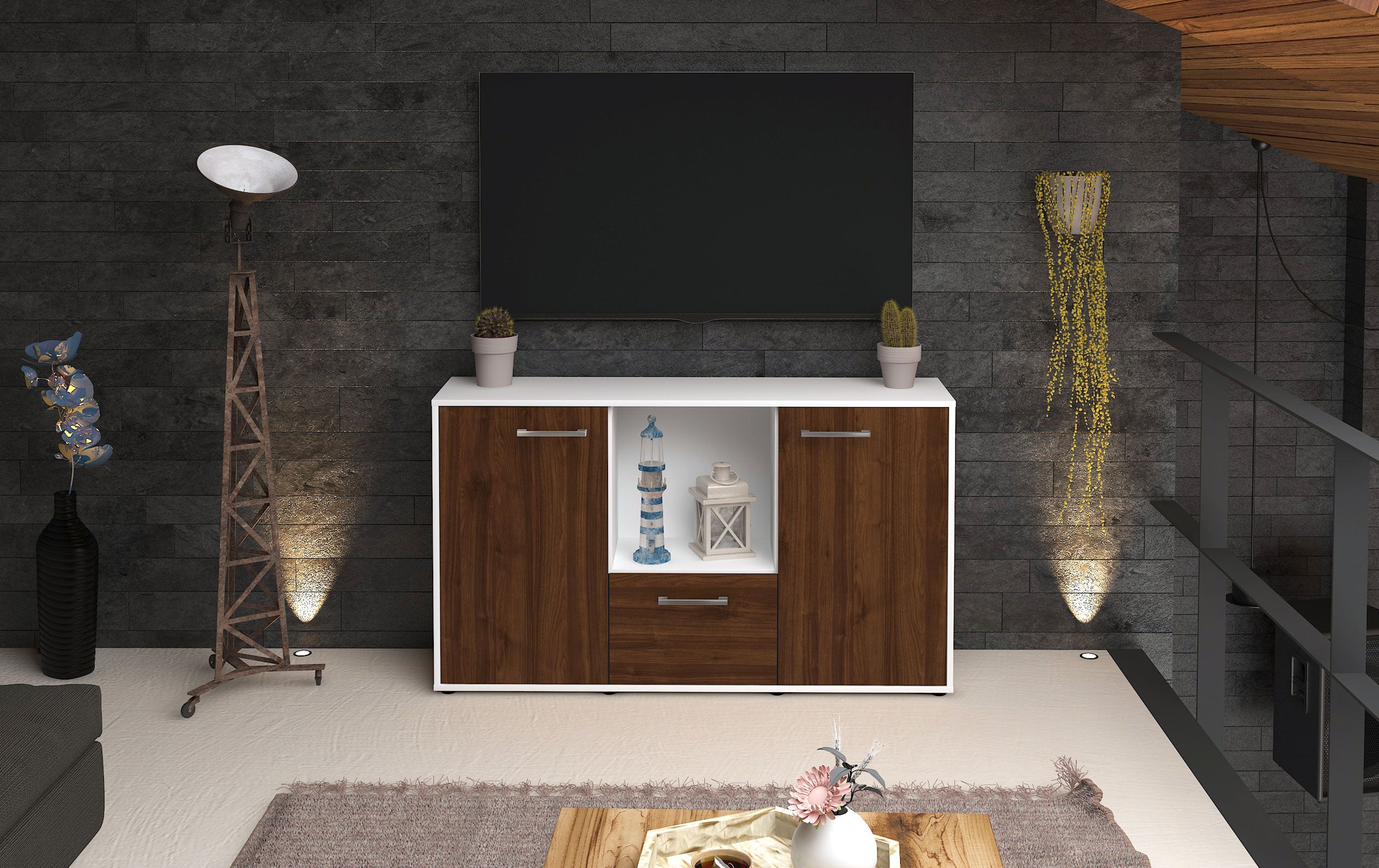 Sideboard - Dhonna - Design Holzdekor - Freistehend mit Griffe 136 cm Weiss