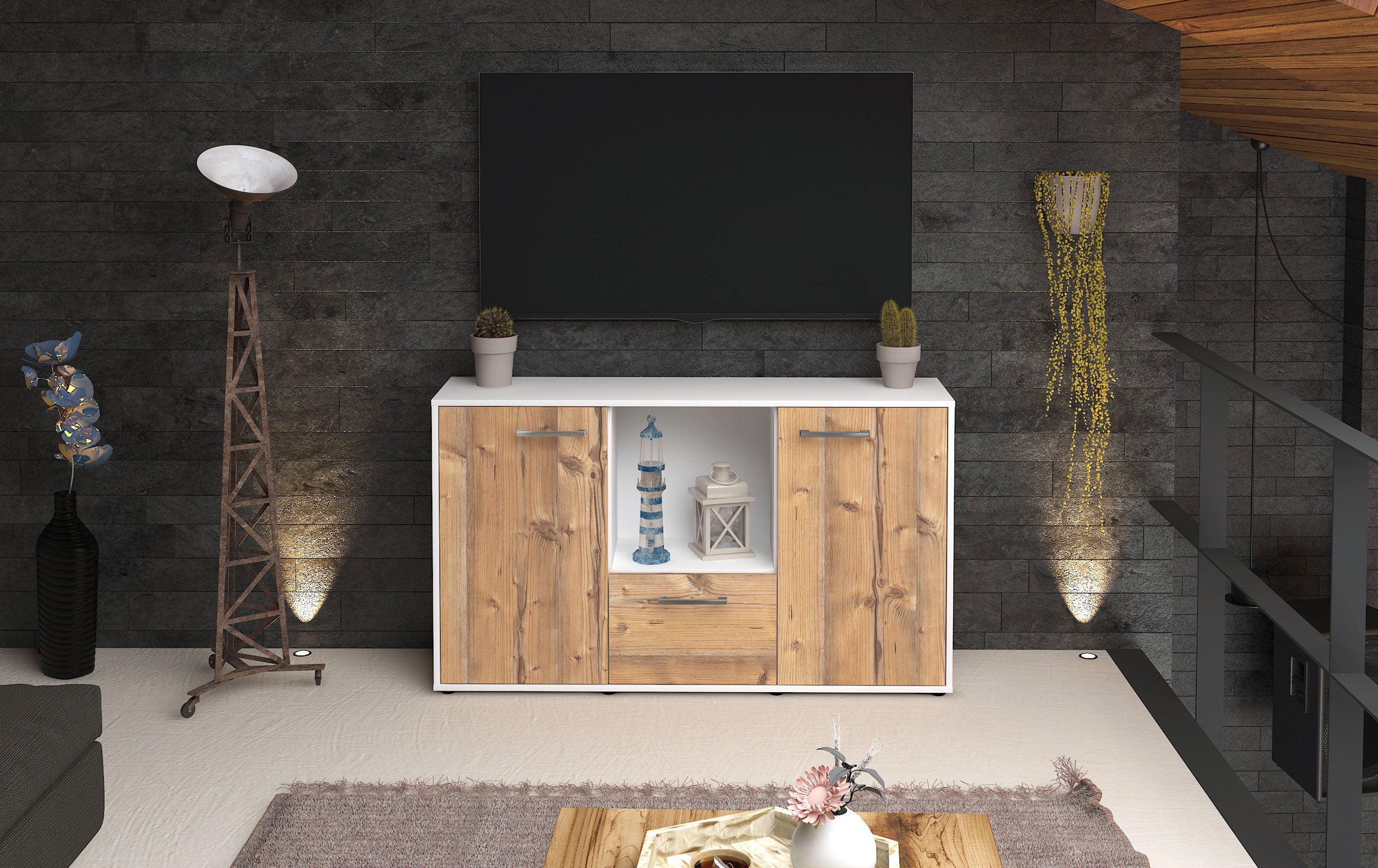 Sideboard - Dhonna - Design Holzdekor - Freistehend mit Griffe 136 cm Weiss