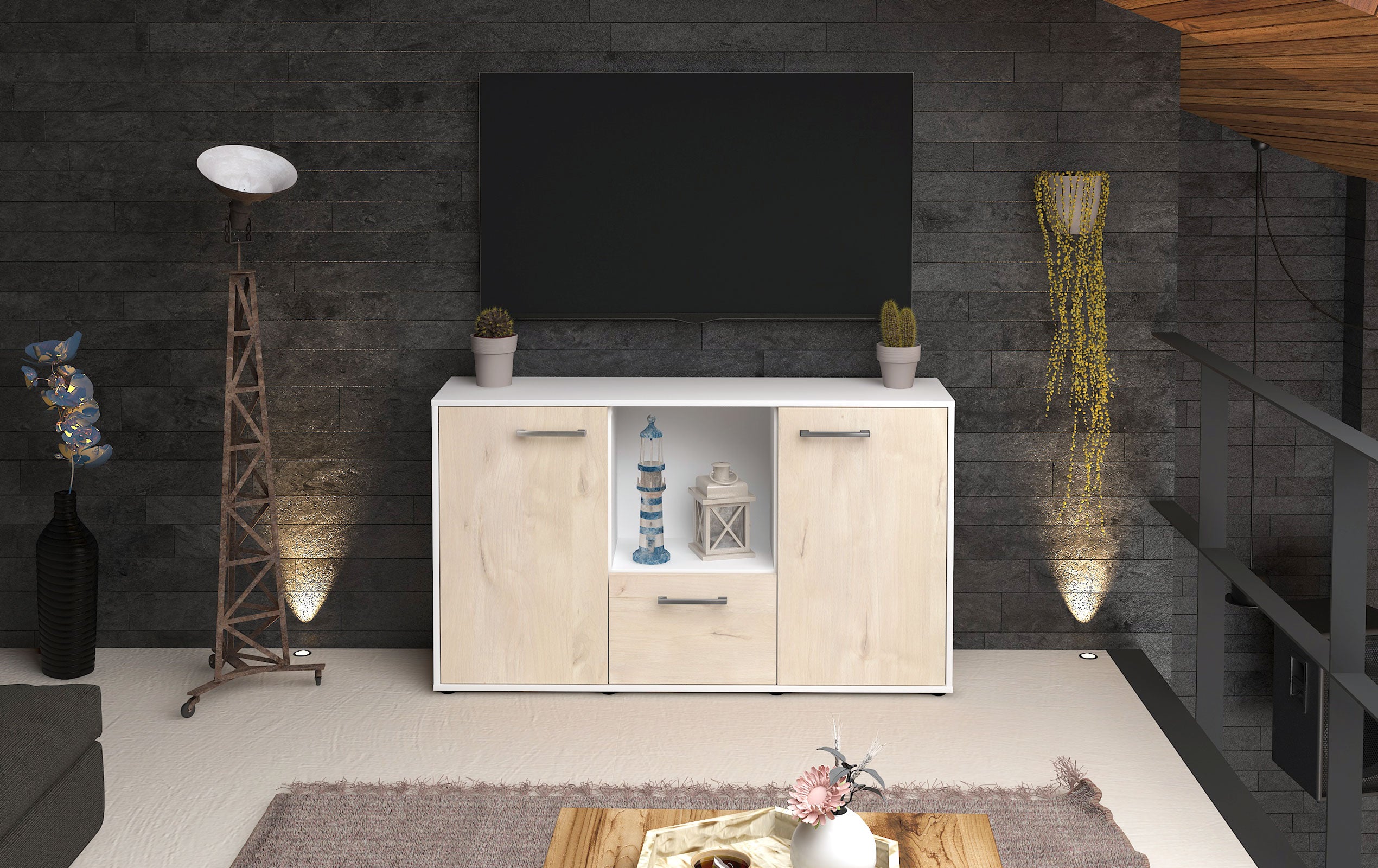 Sideboard - Dhonna - Design Holzdekor - Freistehend mit Griffe 136 cm Weiss
