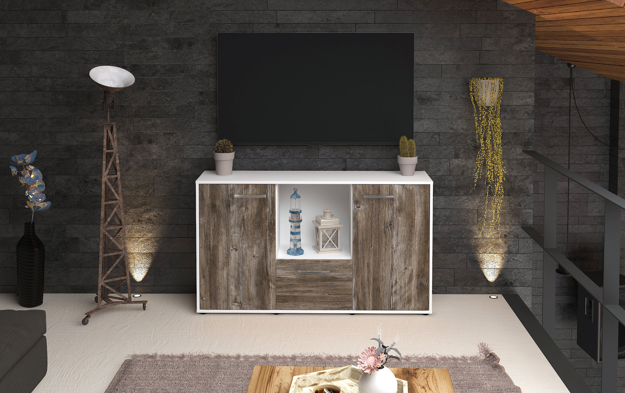 Sideboard - Dhonna - Design Holzdekor - Freistehend mit Griffe 136 cm Weiss