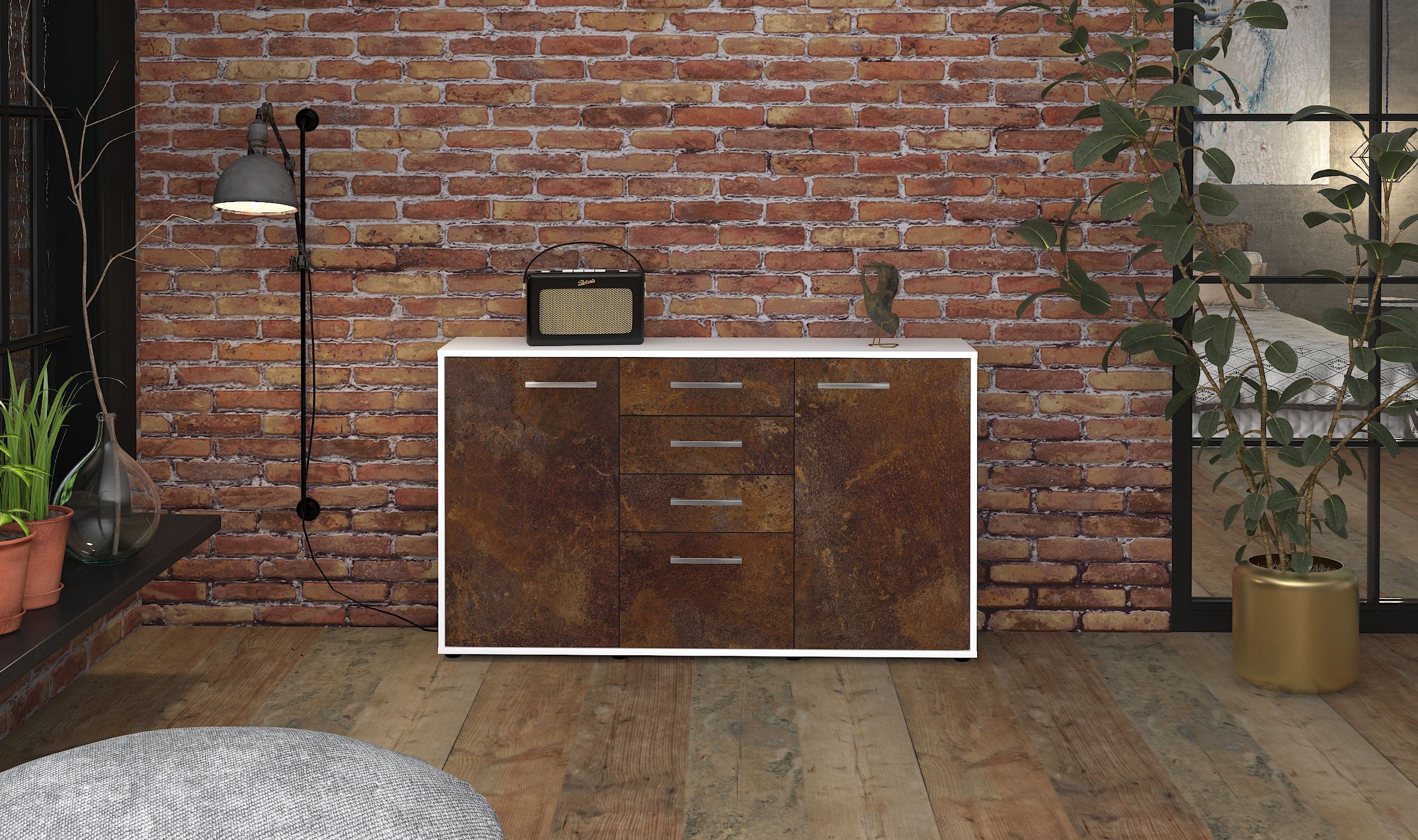 Sideboard - Donatella - Design Industrie Stil - Freistehend mit Griffe 136 cm Weiss