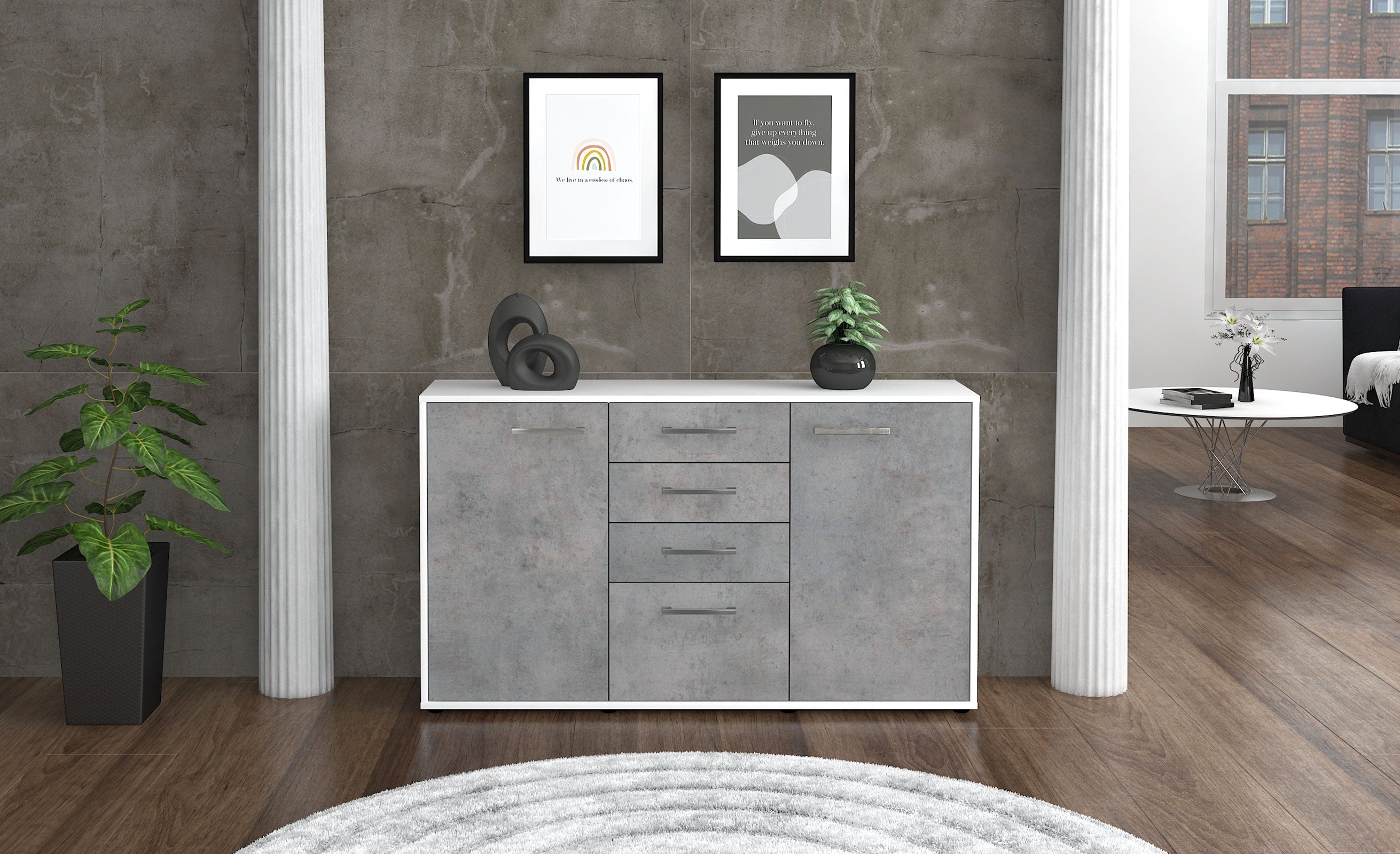 Sideboard - Donatella - Design Industrie Stil - Freistehend mit Griffe 136 cm Weiss