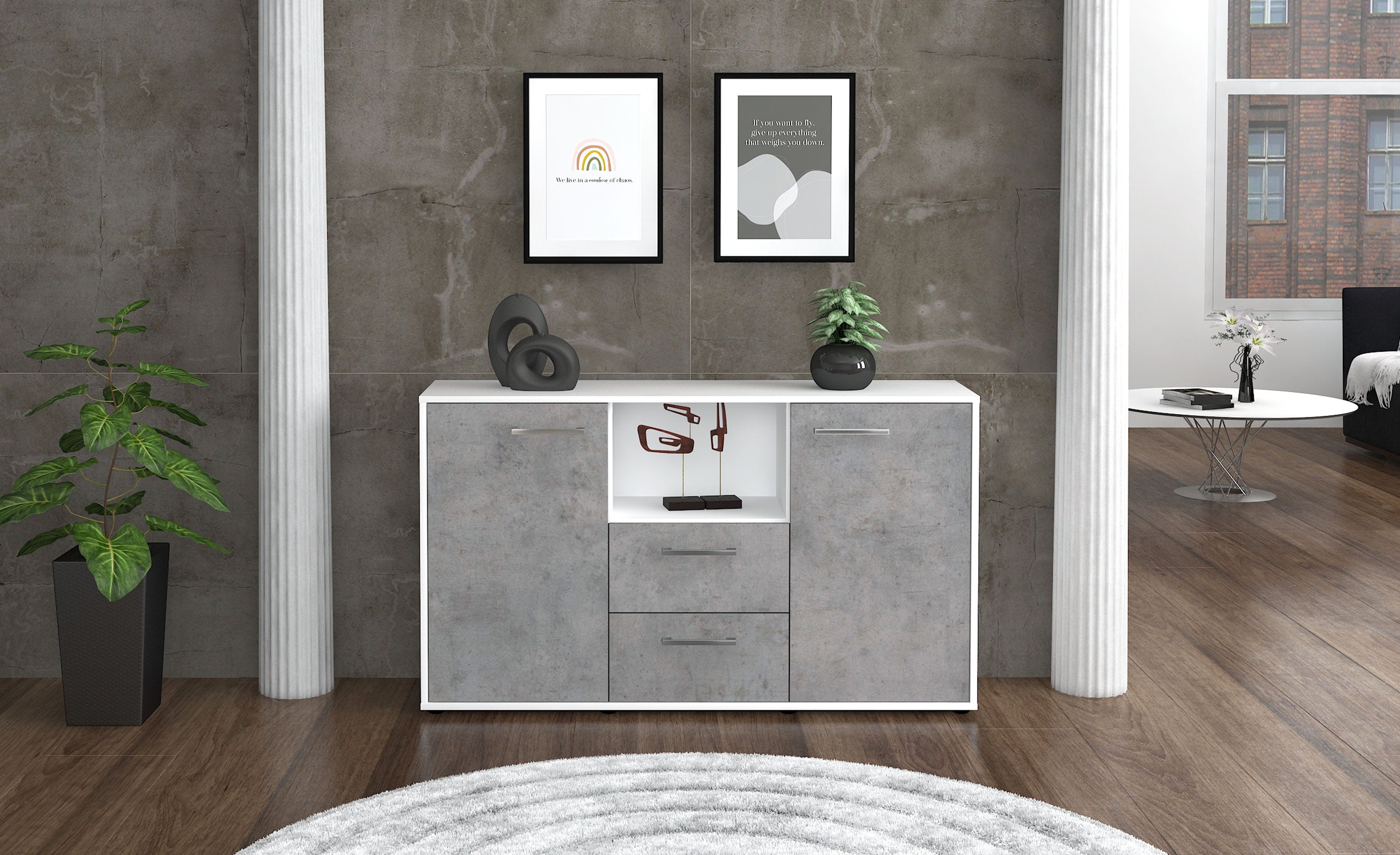 Sideboard - Donika - Design Industrie Stil - Freistehend mit Griffe 136 cm Weiss