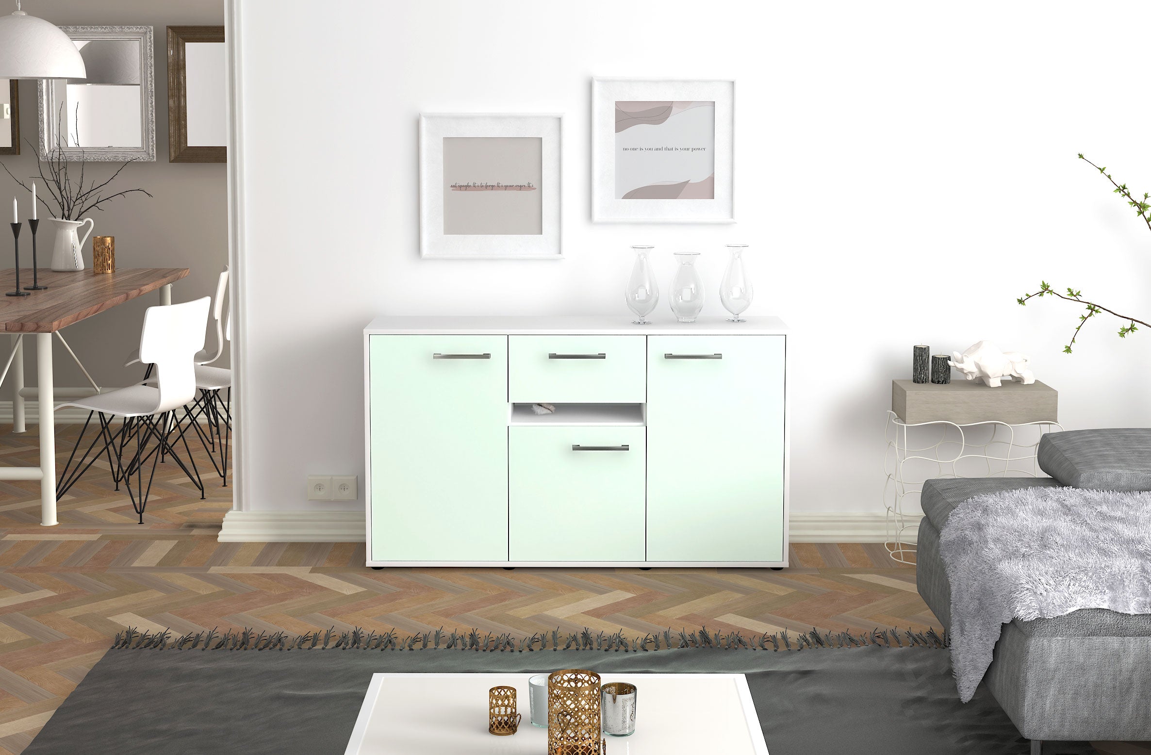 Sideboard - Dorina - Design Farbakzent - Freistehend mit Griffe 136 cm Weiss