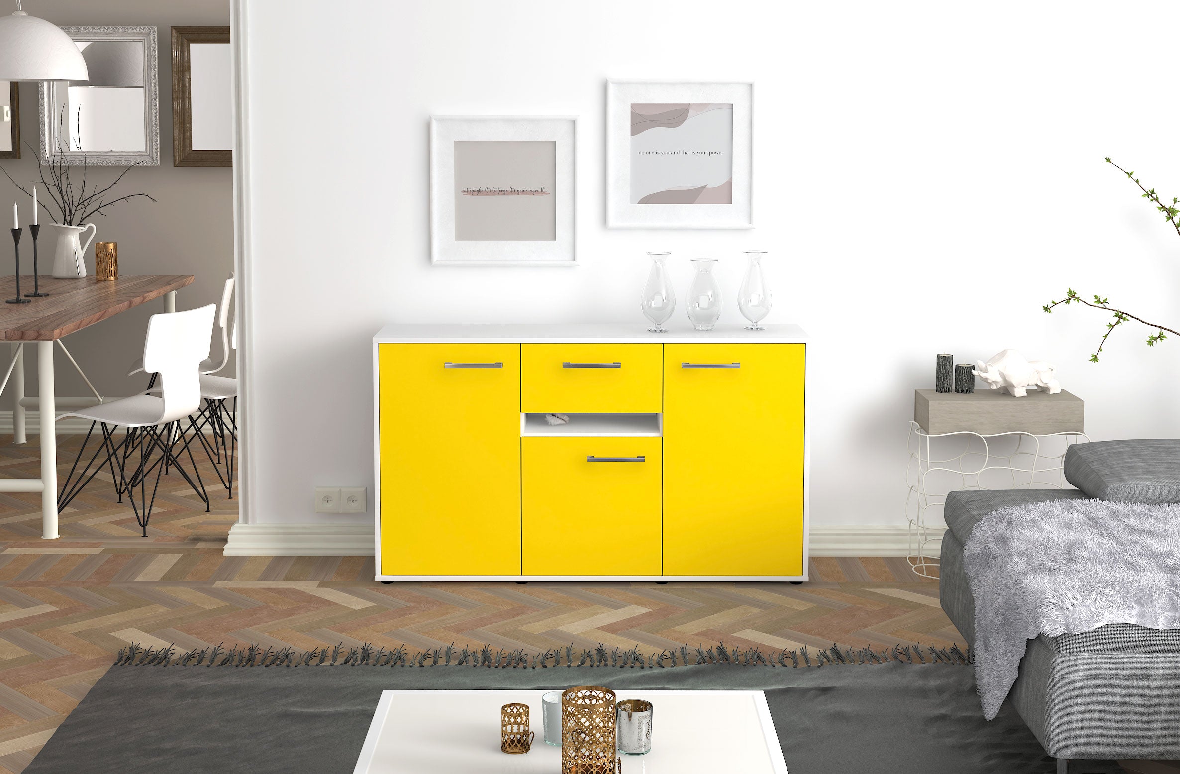 Sideboard - Dorina - Design Farbakzent - Freistehend mit Griffe 136 cm Weiss