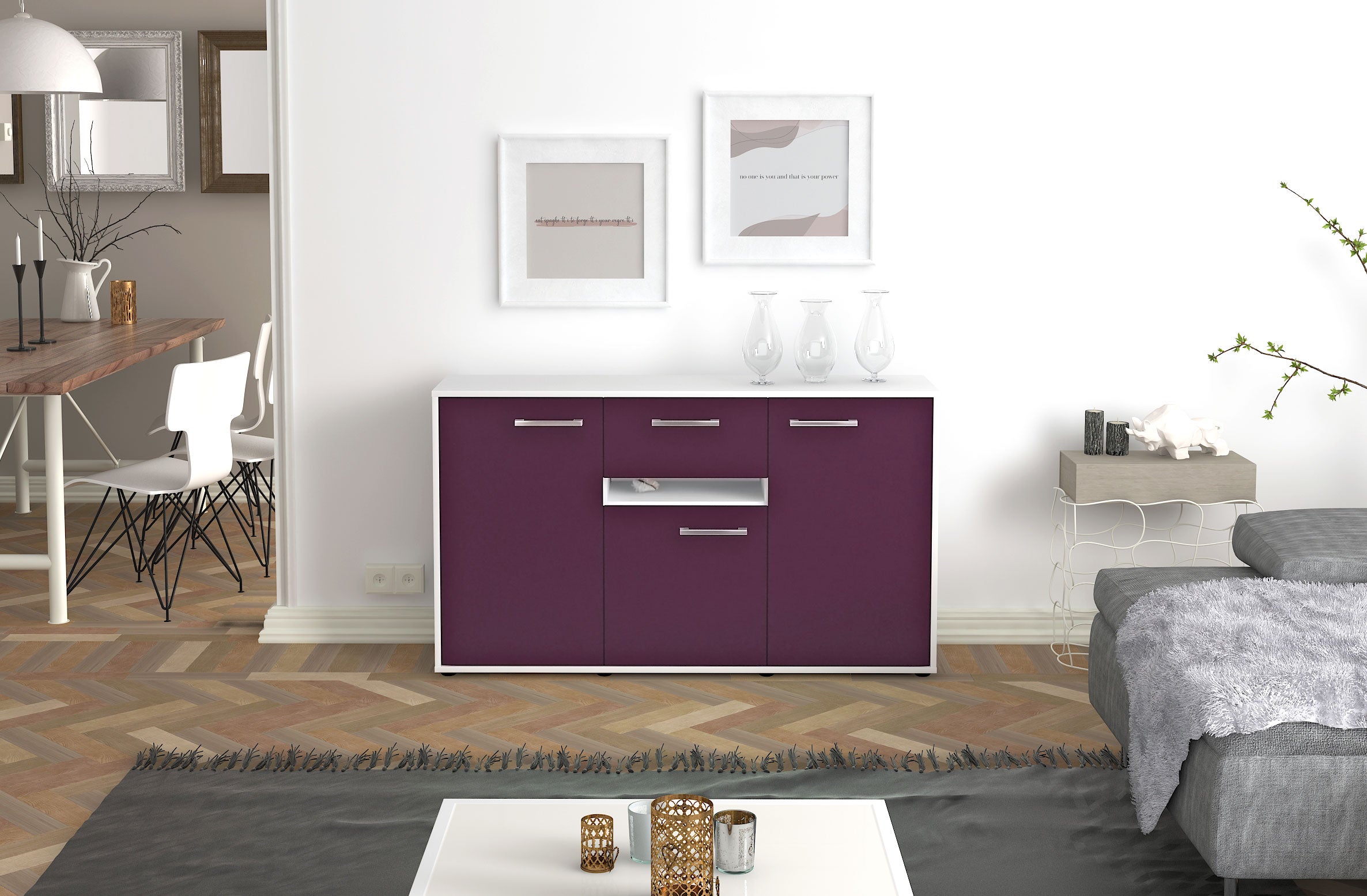 Sideboard - Dorina - Design Farbakzent - Freistehend mit Griffe 136 cm Weiss