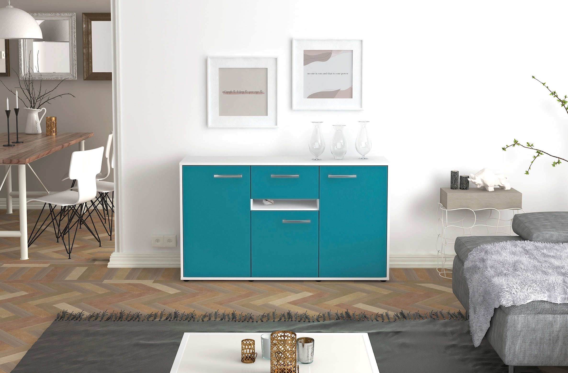 Sideboard - Dorina - Design Farbakzent - Freistehend mit Griffe 136 cm Weiss