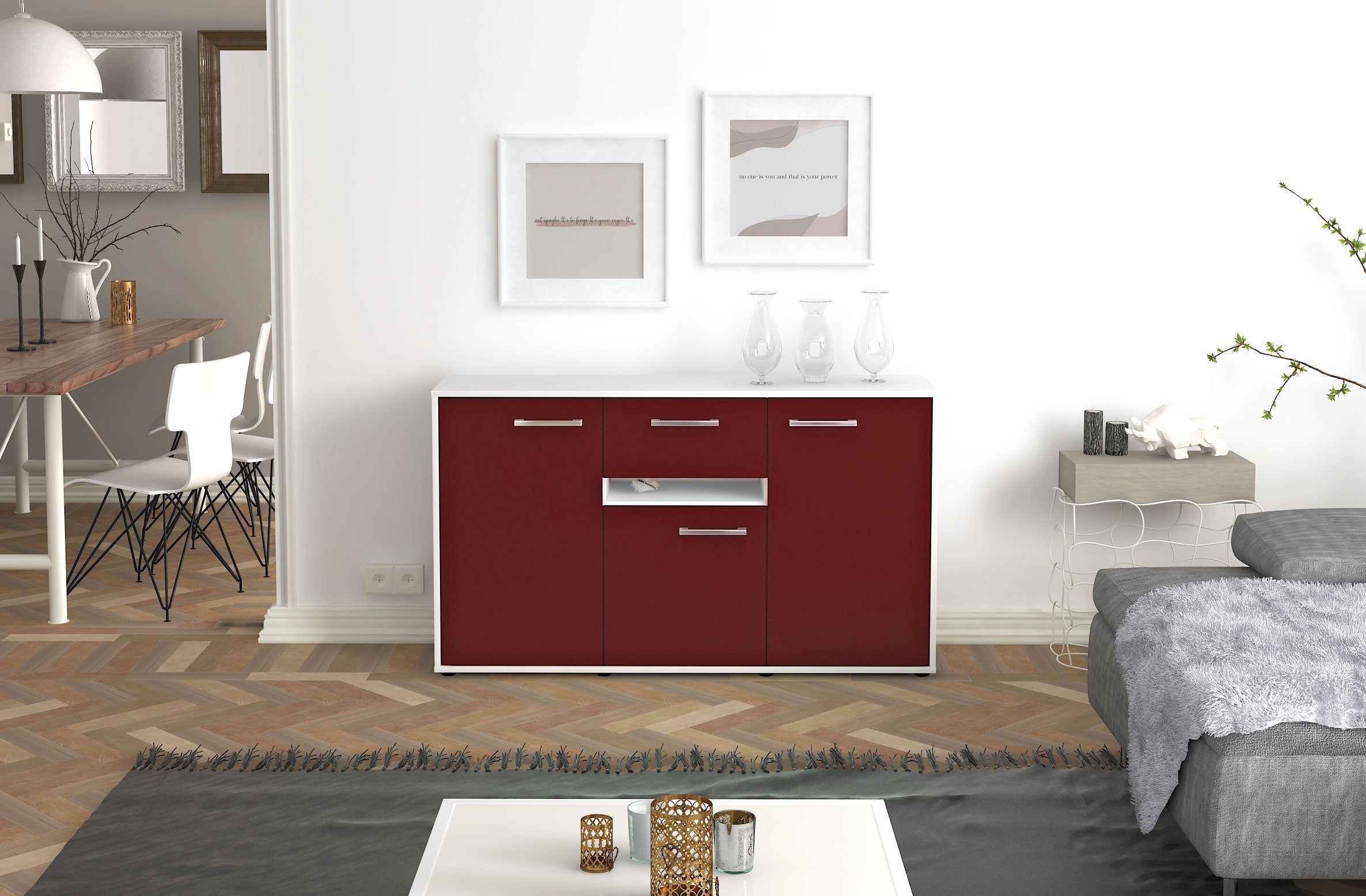 Sideboard - Dorina - Design Farbakzent - Freistehend mit Griffe 136 cm Weiss