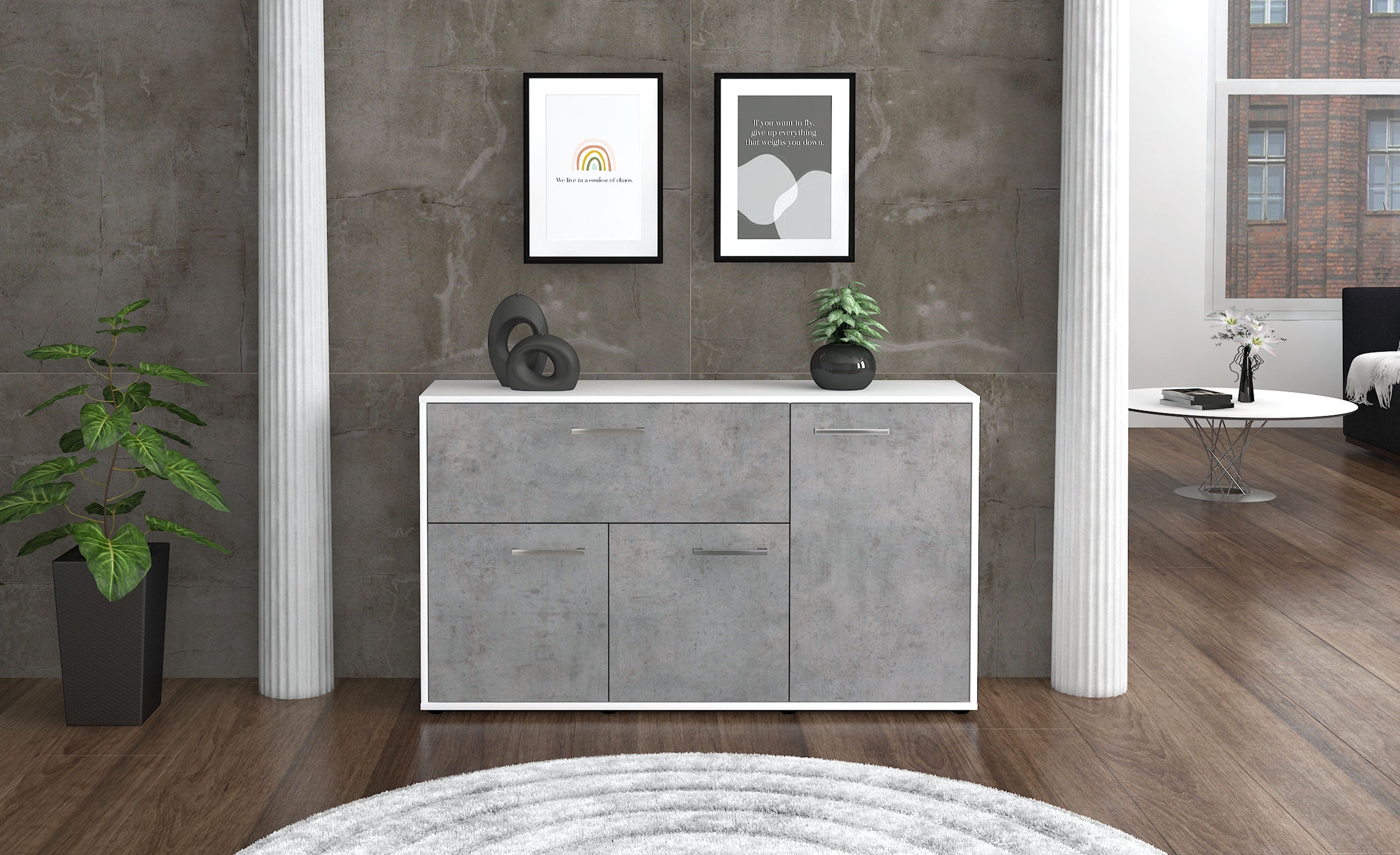 Sideboard - Edera - Design Industrie Stil - Freistehend mit Griffe 136 cm Weiss