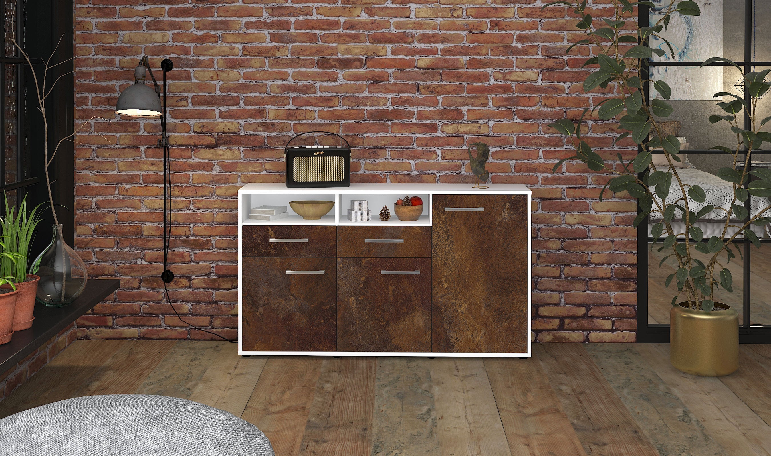 Sideboard - Editta - Design Industrie Stil - Freistehend mit Griffe 136 cm Weiss