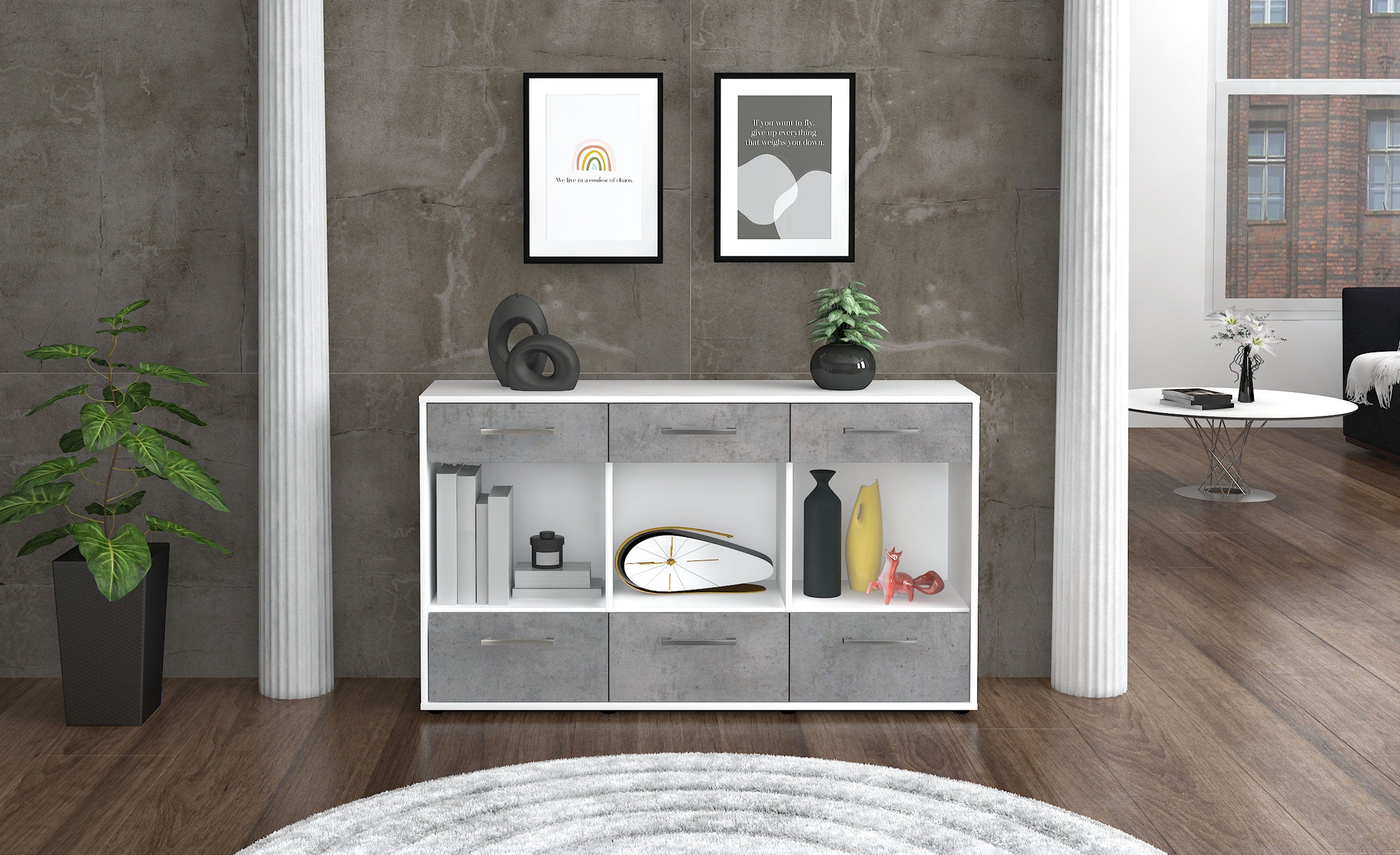 Sideboard - Efisia - Design Industrie Stil - Freistehend mit Griffe 136 cm Weiss