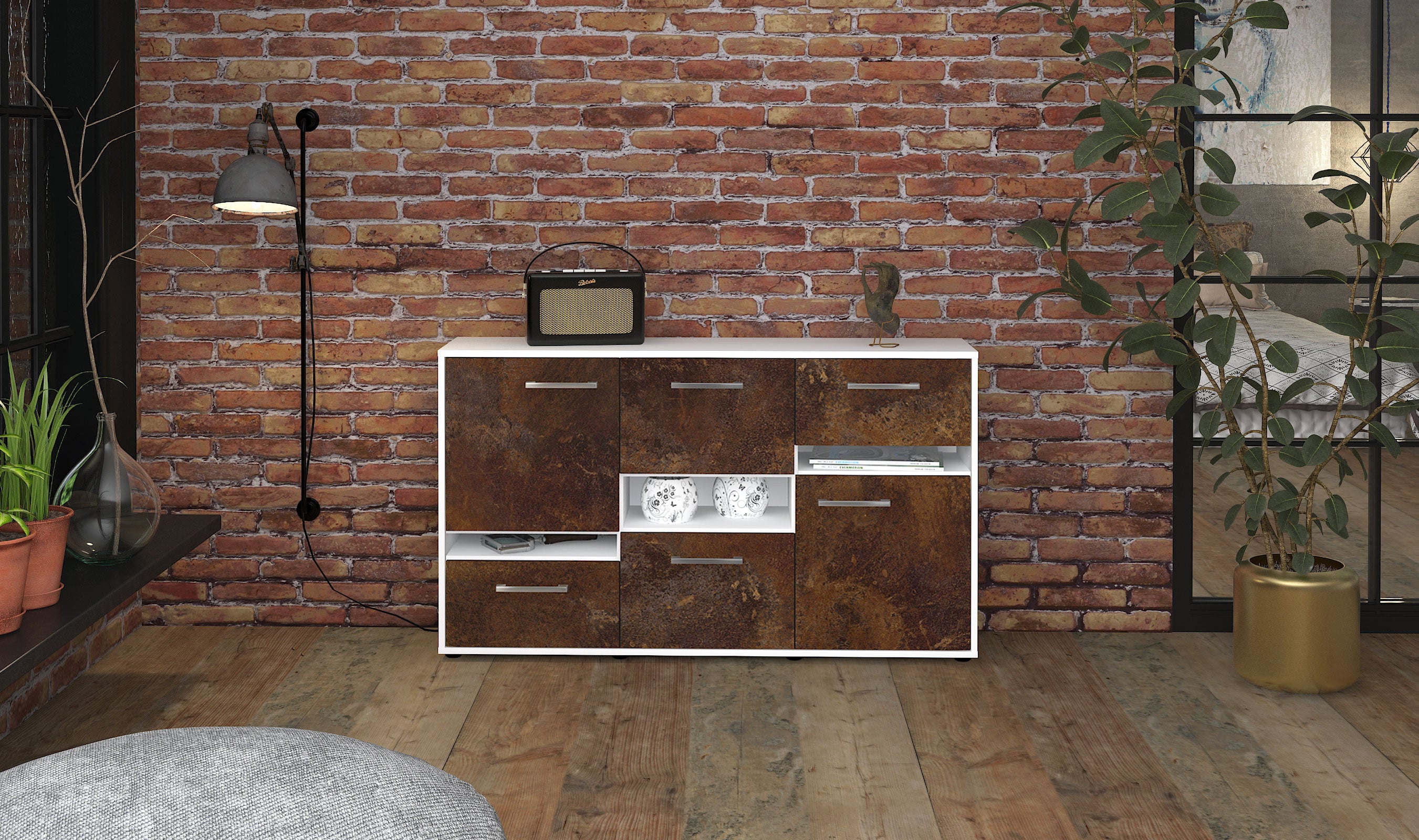 Sideboard - Egizia - Design Industrie Stil - Freistehend mit Griffe 136 cm Weiss