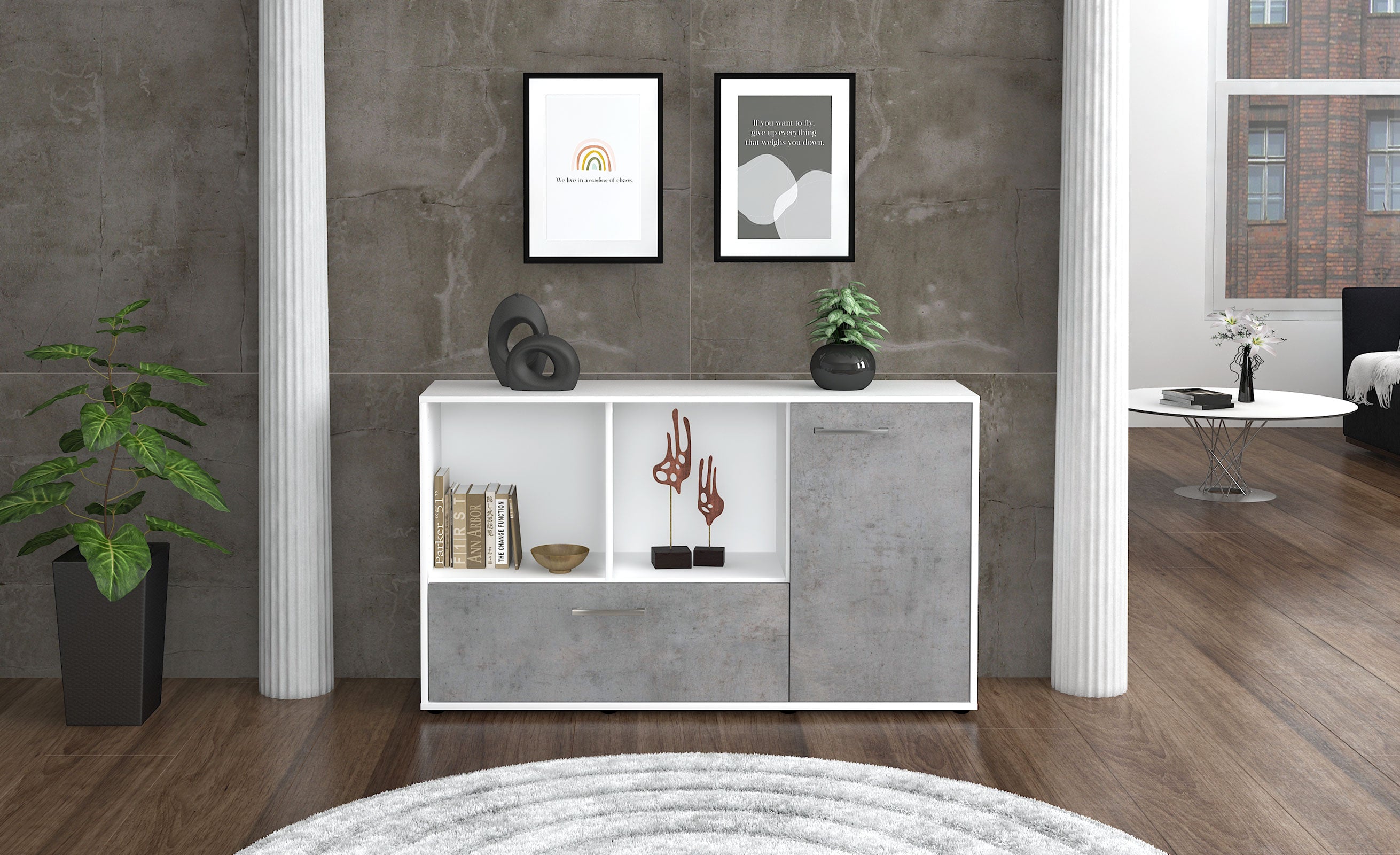 Sideboard - Ela - Design Industrie Stil - Freistehend mit Griffe 136 cm Weiss