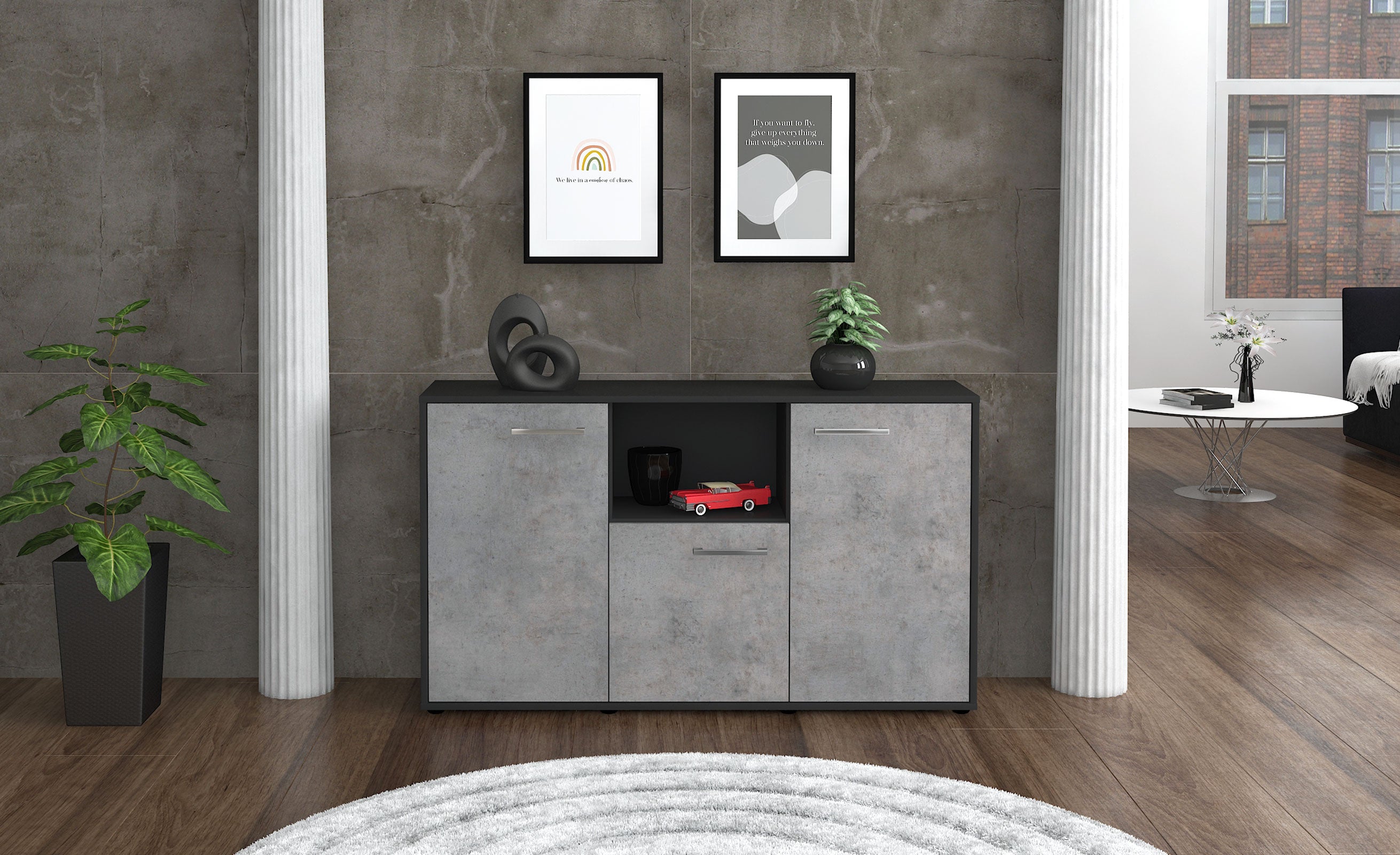 Sideboard - Demetria - Design Industrie Stil - Freistehend mit Griffe 136 cm Anthrazit