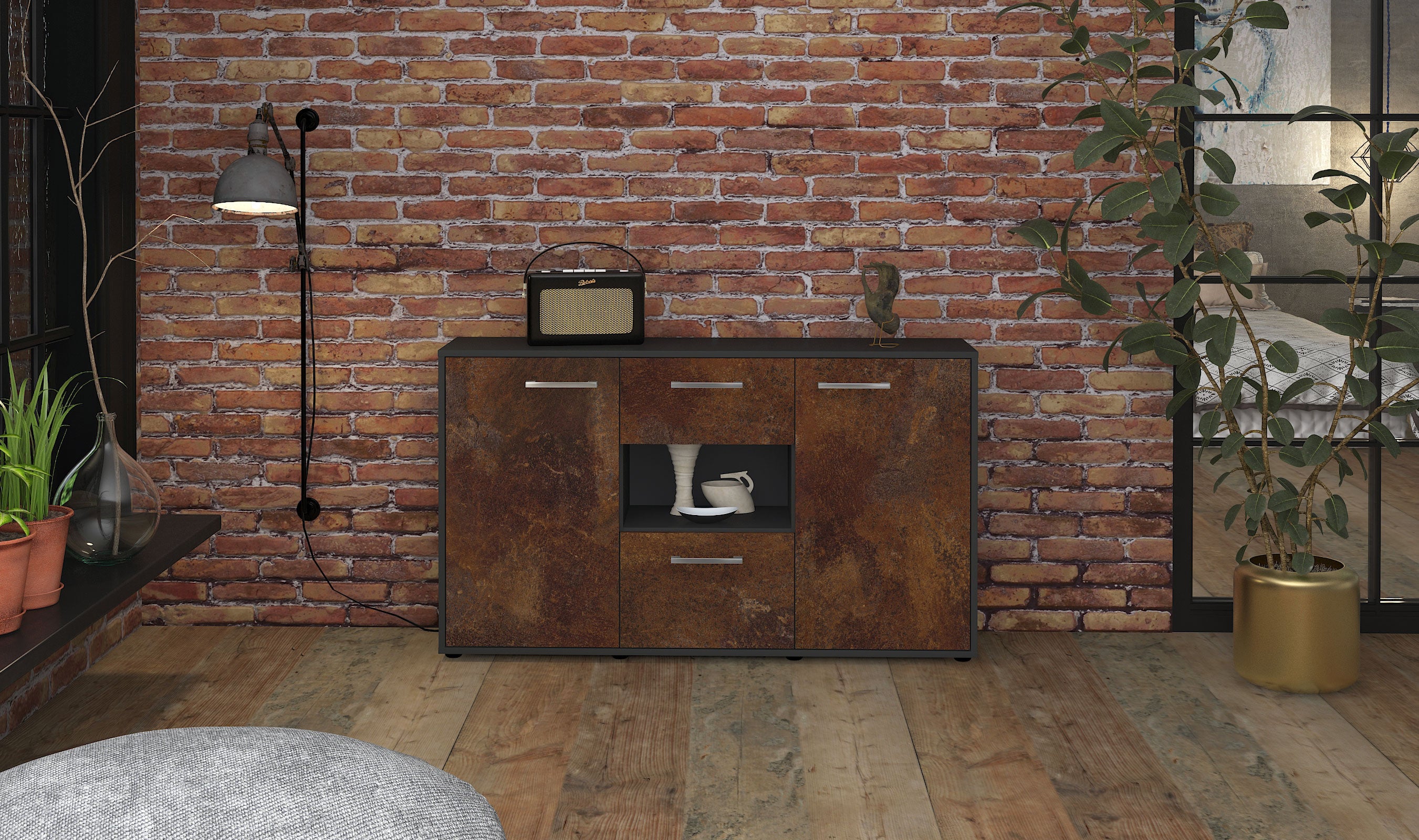 Sideboard - Denise - Design Industrie Stil - Freistehend mit Griffe 136 cm Anthrazit