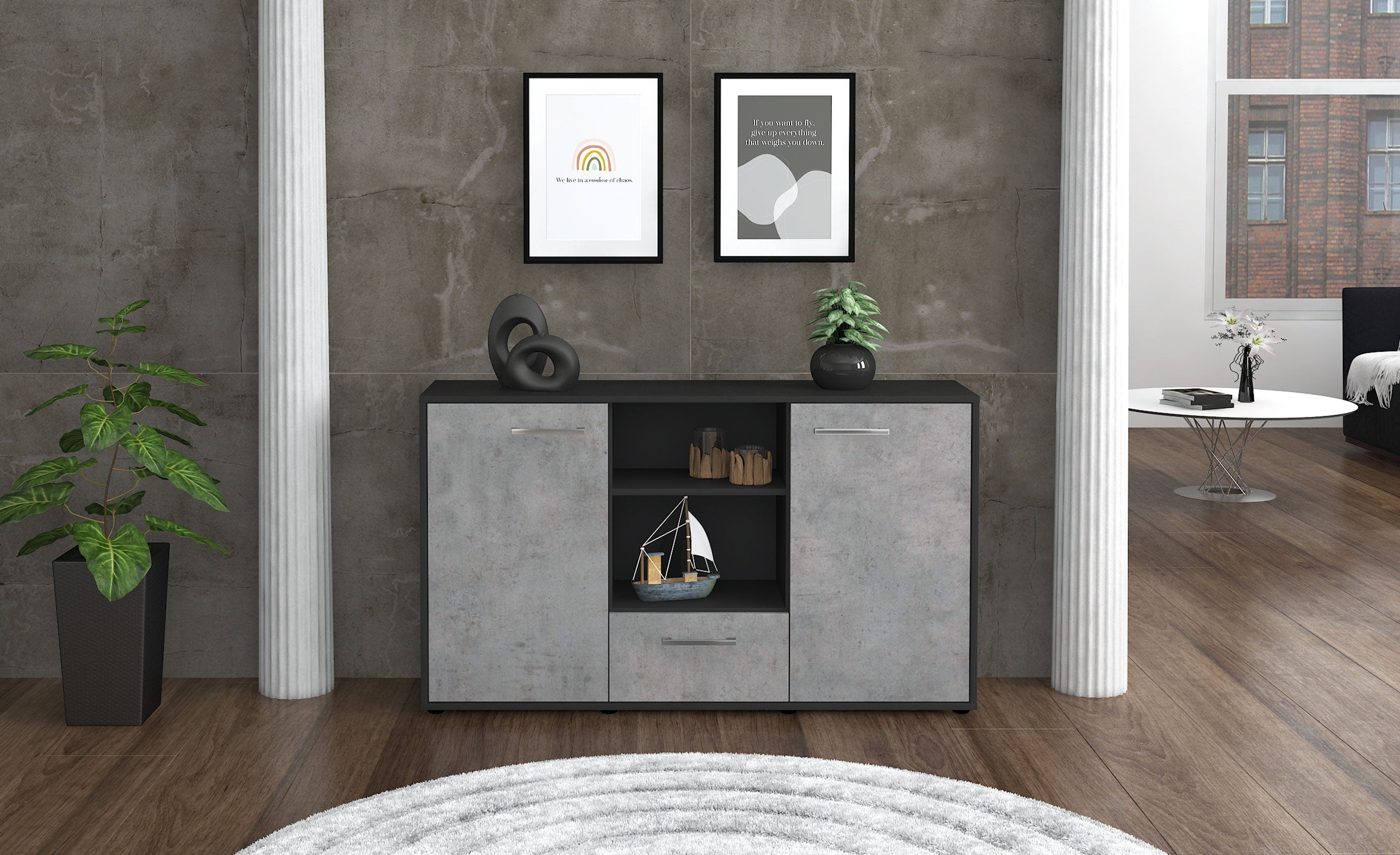 Sideboard - Desideria - Design Industrie Stil - Freistehend mit Griffe 136 cm Anthrazit