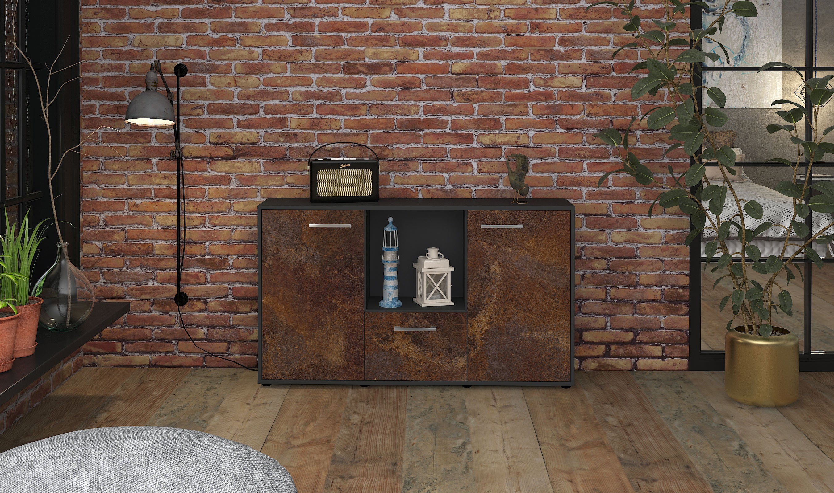 Sideboard - Dhonna - Design Industrie Stil - Freistehend mit Griffe 136 cm Anthrazit